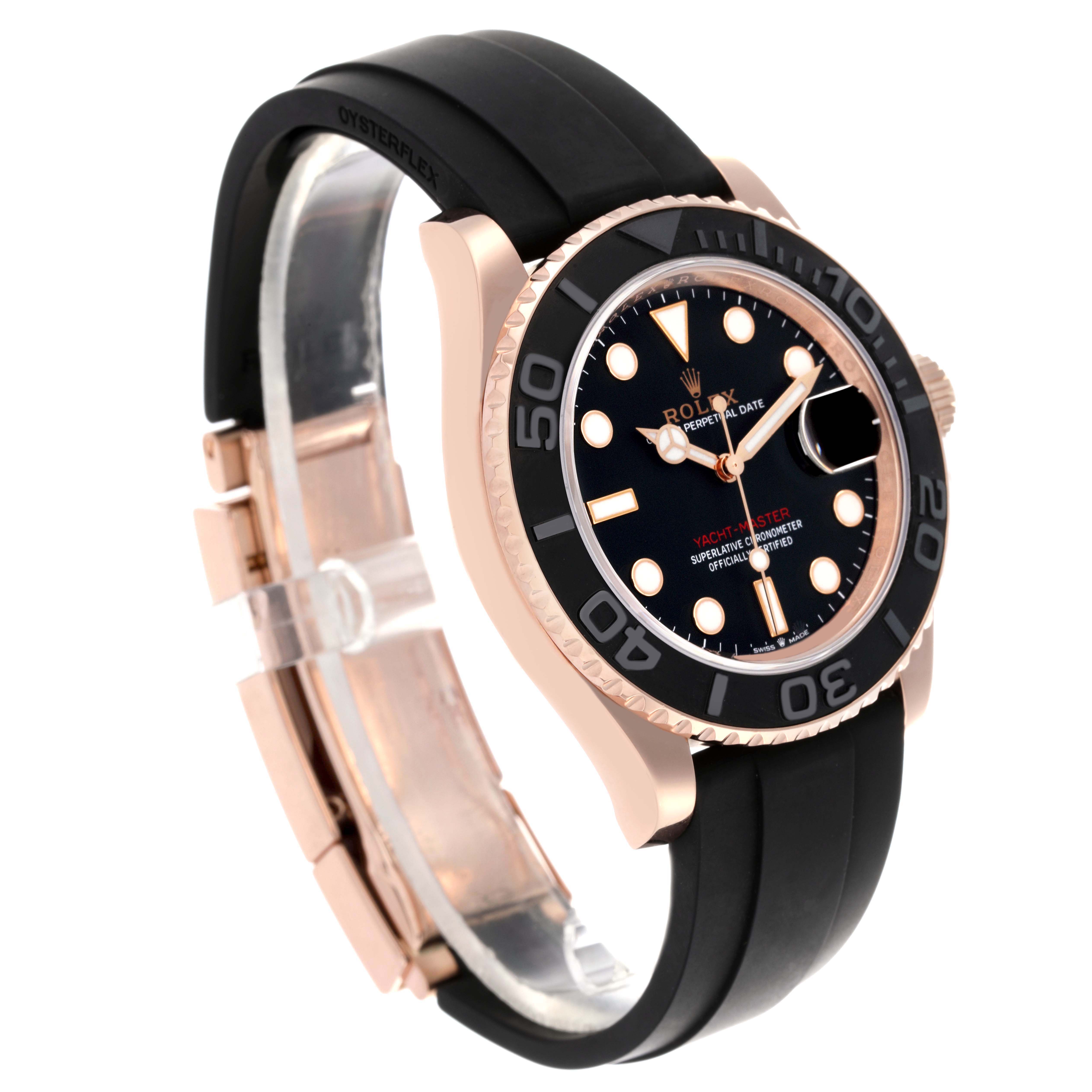 The Rolex Yacht-Master model 126655 is shown at an angled view, displaying the face, bezel, crown, and black Oysterflex strap.