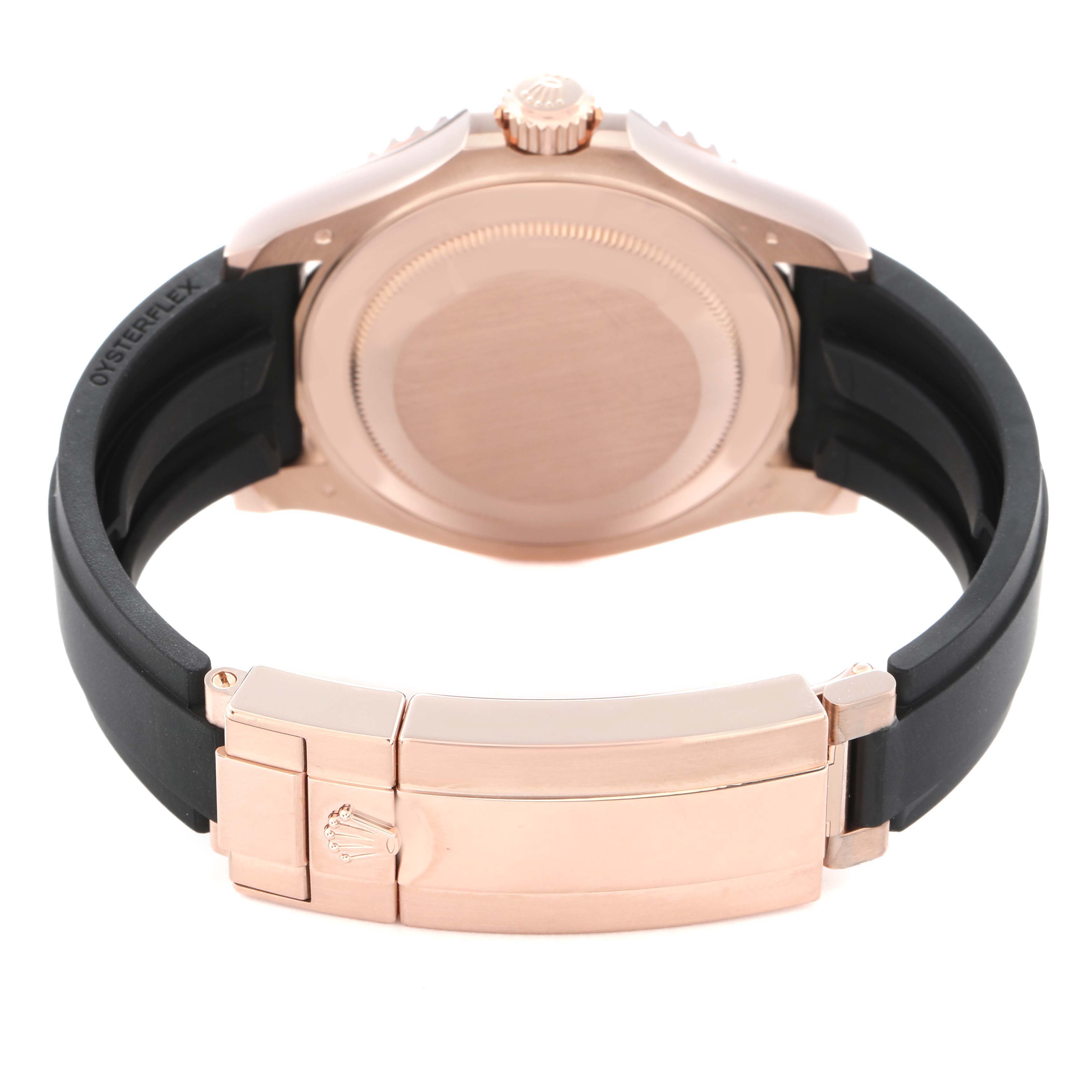 The Rolex Yacht-Master model 126655 is shown from the rear, displaying the case back, Oysterflex strap, and clasp.