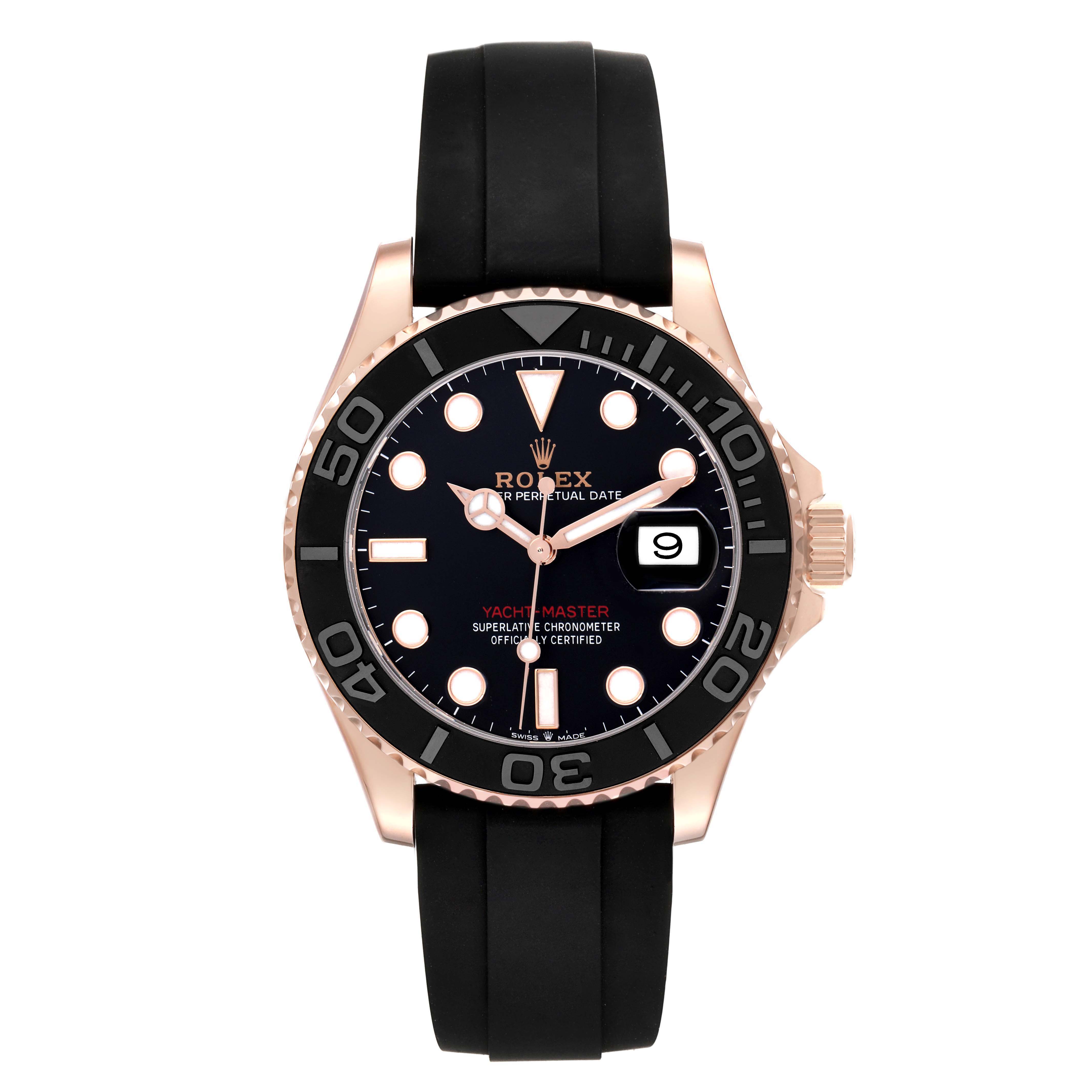The Rolex Yacht-Master 126655 men's watch is shown from the front, displaying the black dial, date window, bezel, and rubber strap.
