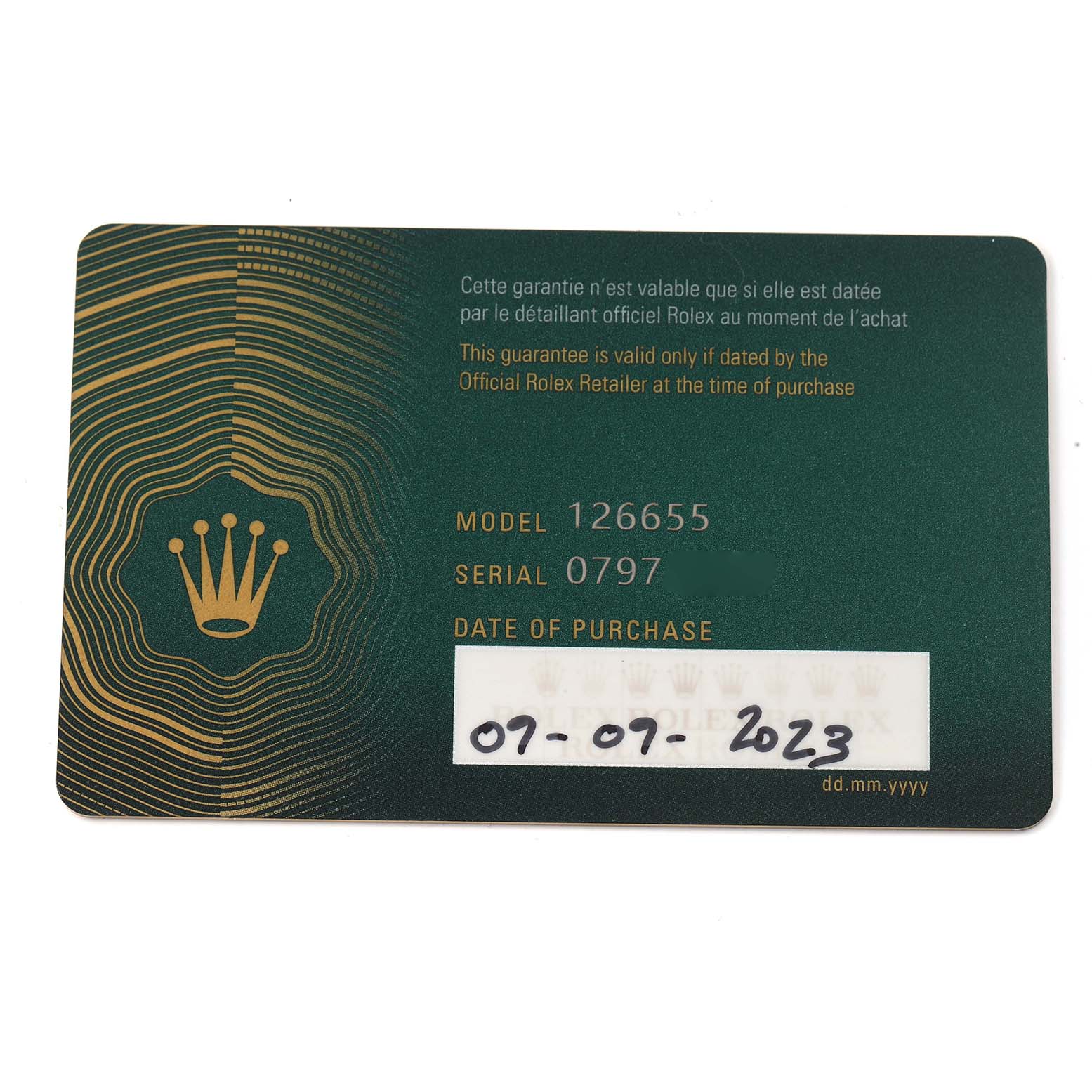 The image shows a guarantee card for a Rolex Yacht-Master model, model number 126655, with purchase details and serial number.