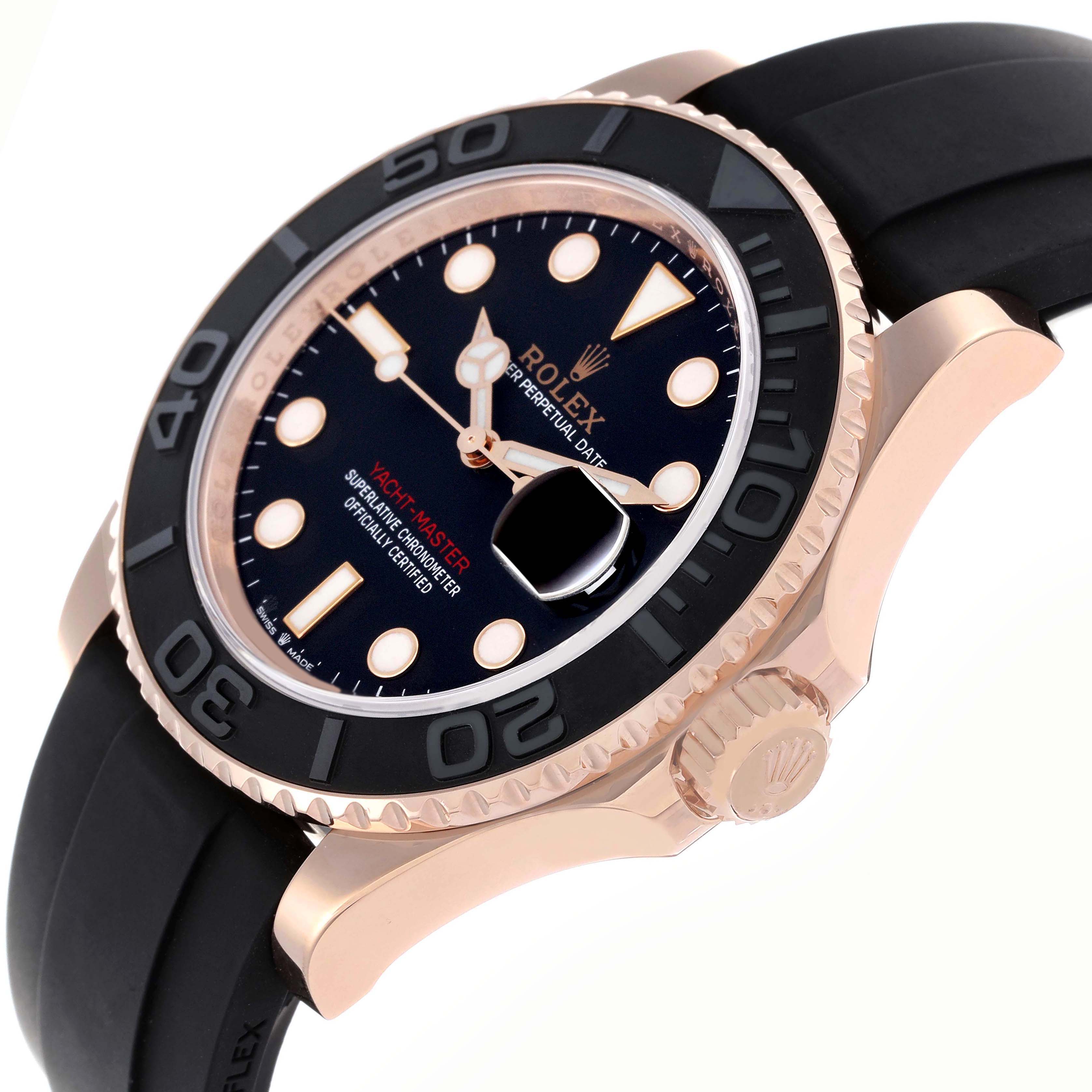 The Rolex Yacht-Master model 126655 is shown at an angle highlighting its black dial, bezel, rose gold case, and crown, with a black Oysterflex strap.