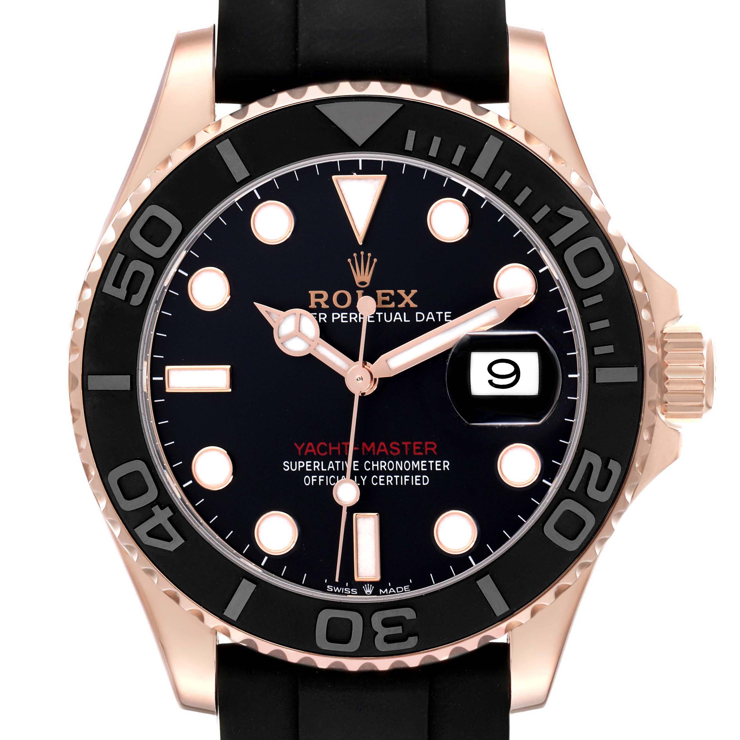 The Rolex Yacht-Master model 126655 is shown from a front angle, highlighting the dial, hands, bezel, case, and crown.