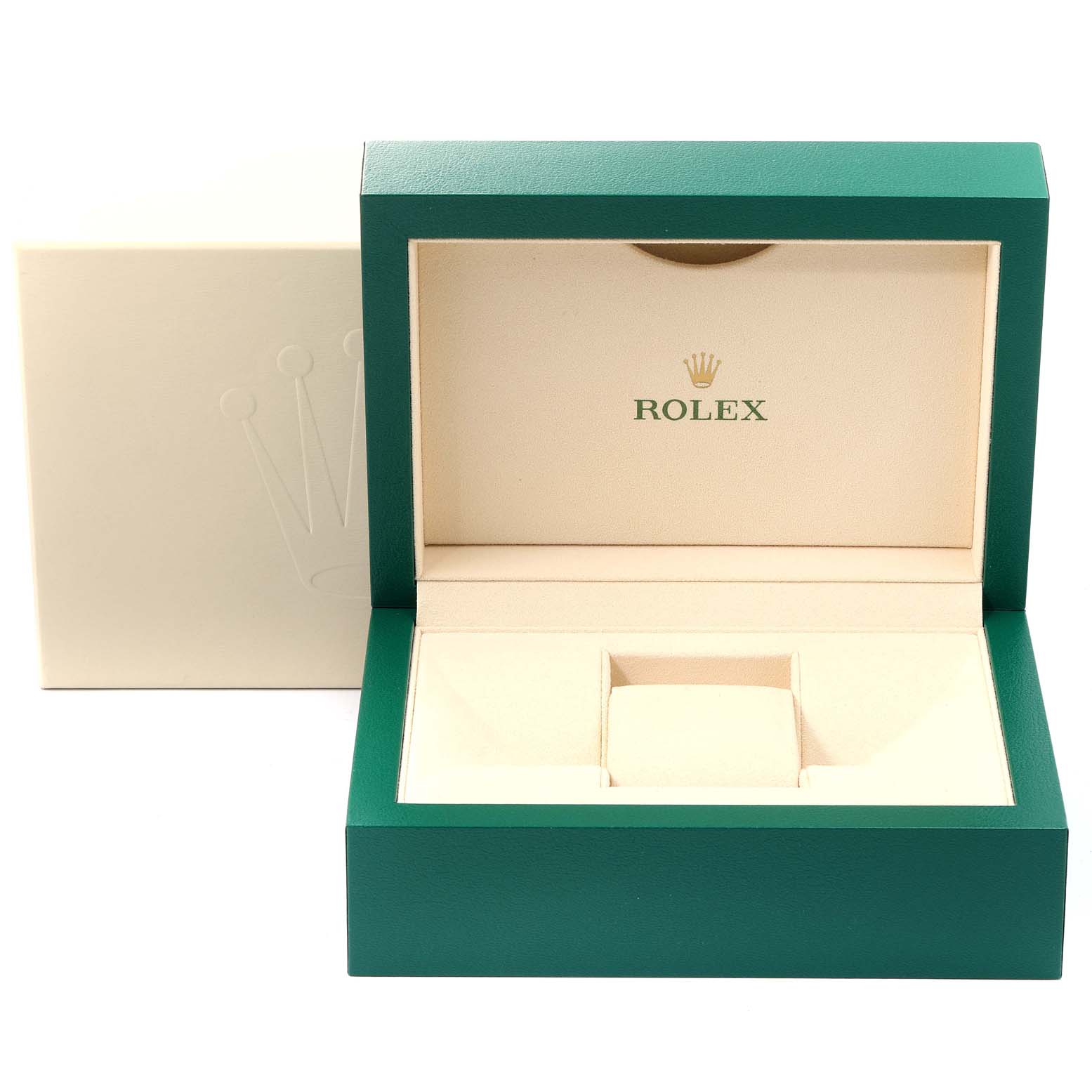 The image shows an open Rolex Yacht-Master 116622 Men
s Stainless Steel Blue Dial 116622 Men
s Stainless Steel Blue Dial watch box from a front angle, highlighting the interior and cushion slot.