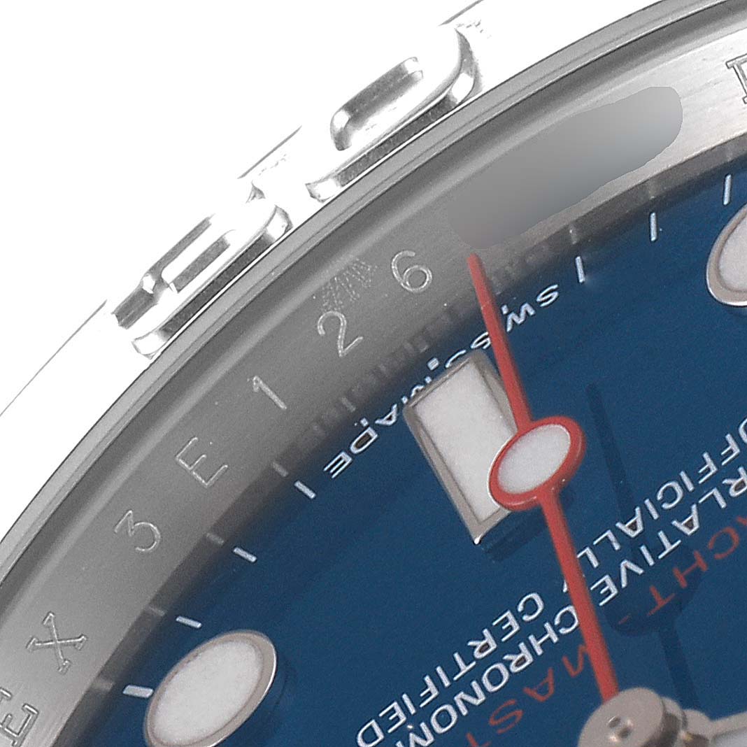This close-up angle of the Rolex Yacht-Master 116622 Men
s Stainless Steel Blue Dial 116622 Men
s Stainless Steel Blue Dial watch shows a partial view of the bezel, dial, and part of the crown.