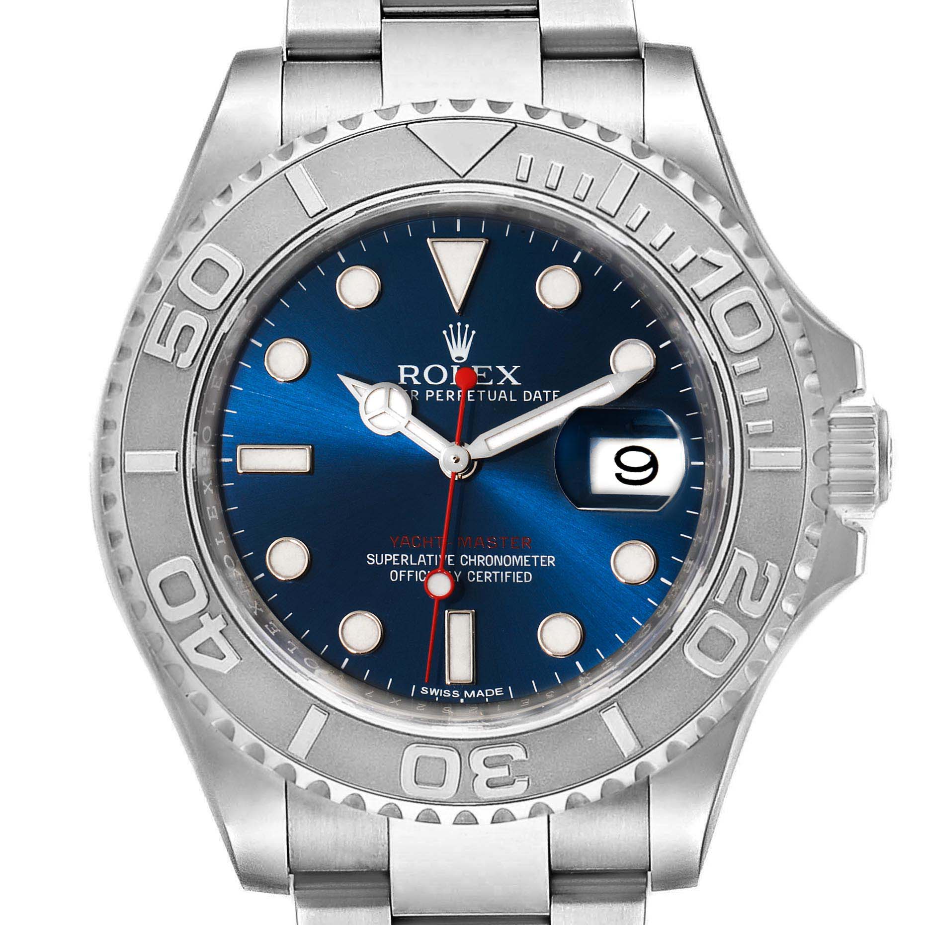 The image shows a front view of a Rolex Yacht-Master 116622 Men
s Stainless Steel Blue Dial 116622 Men
s Stainless Steel Blue Dial watch, highlighting its bezel, dial, hands, and bracelet.