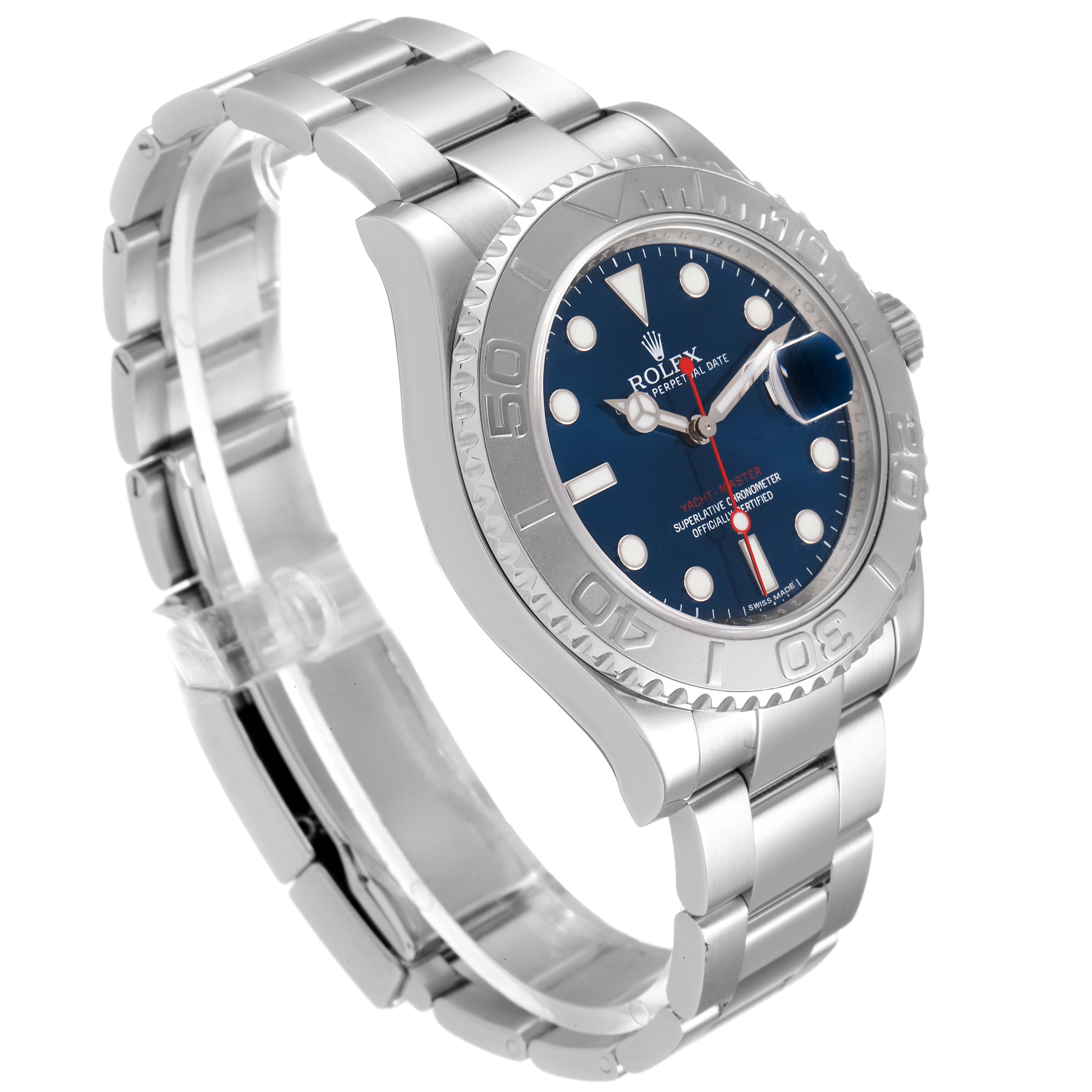 The image shows a Rolex Yacht-Master 116622 Men
s Stainless Steel Blue Dial 116622 Men
s Stainless Steel Blue Dial watch at a three-quarter angle, highlighting the bracelet, bezel, and dial.