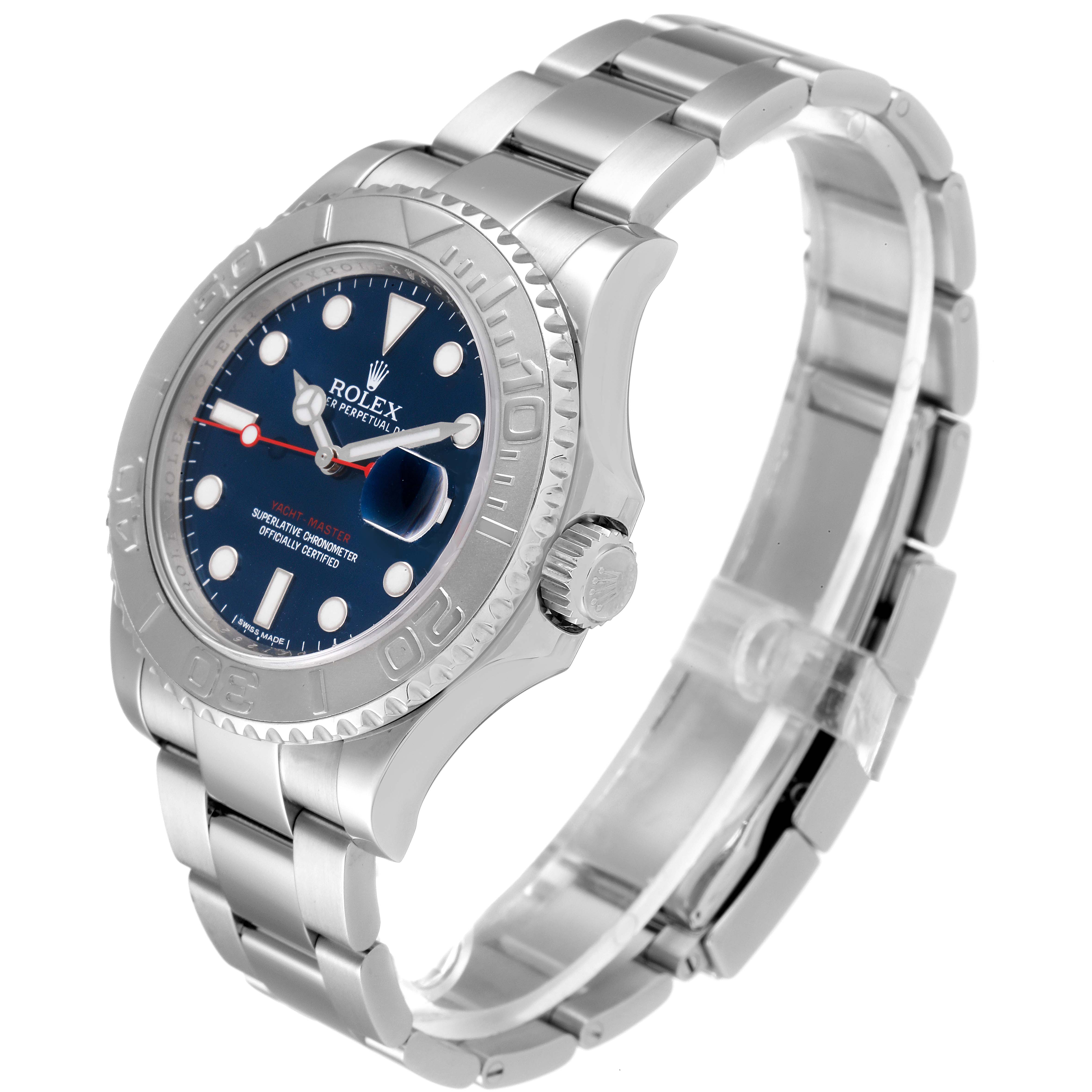 The image shows a Rolex Yacht-Master 116622 Men
s Stainless Steel Blue Dial 116622 Men
s Stainless Steel Blue Dial watch, angled to display the face, bezel, crown, and bracelet.