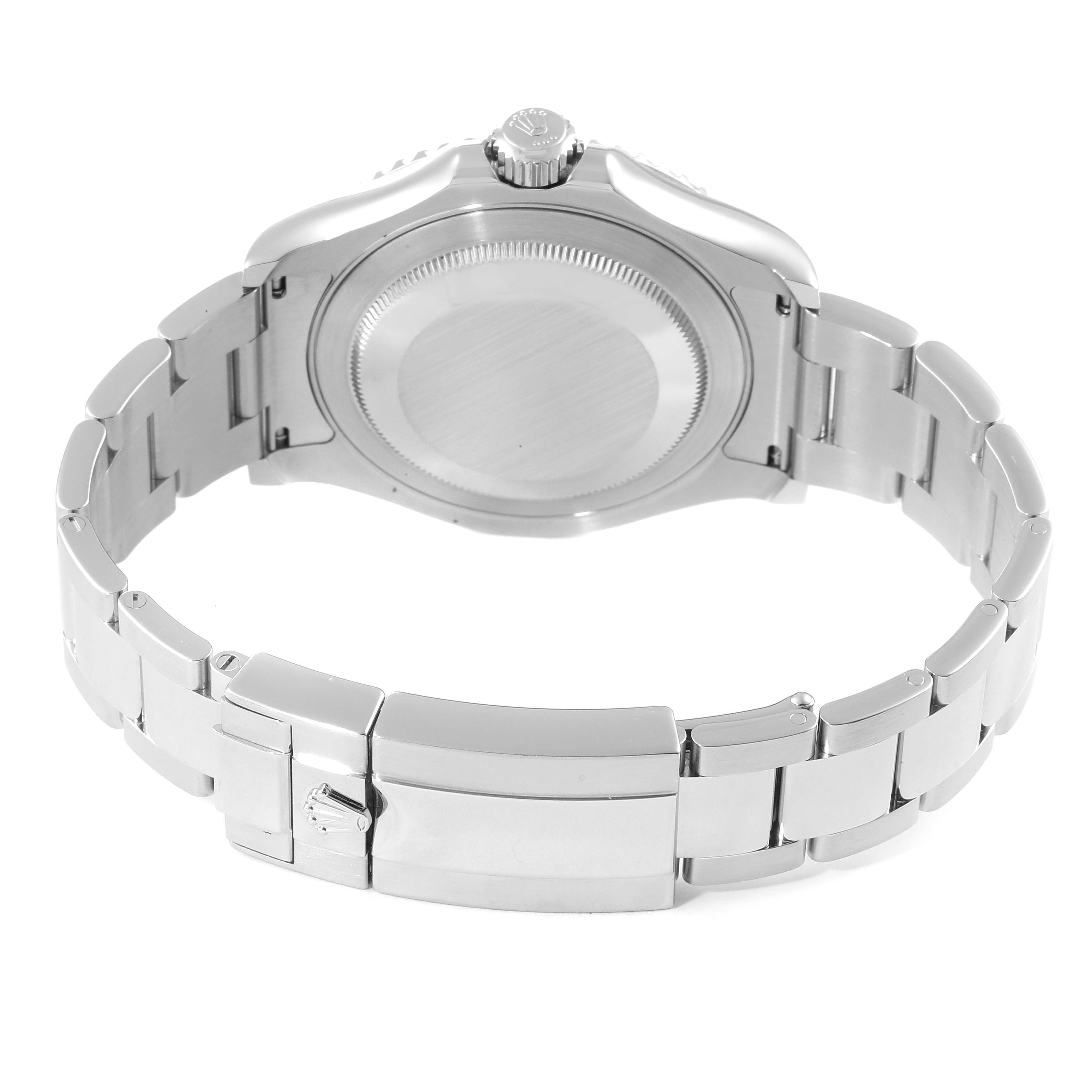 This image shows the back view of the Rolex Yacht-Master 116622 Men
s Stainless Steel Blue Dial 116622 Men
s Stainless Steel Blue Dial watch, highlighting the case back, crown, and bracelet.