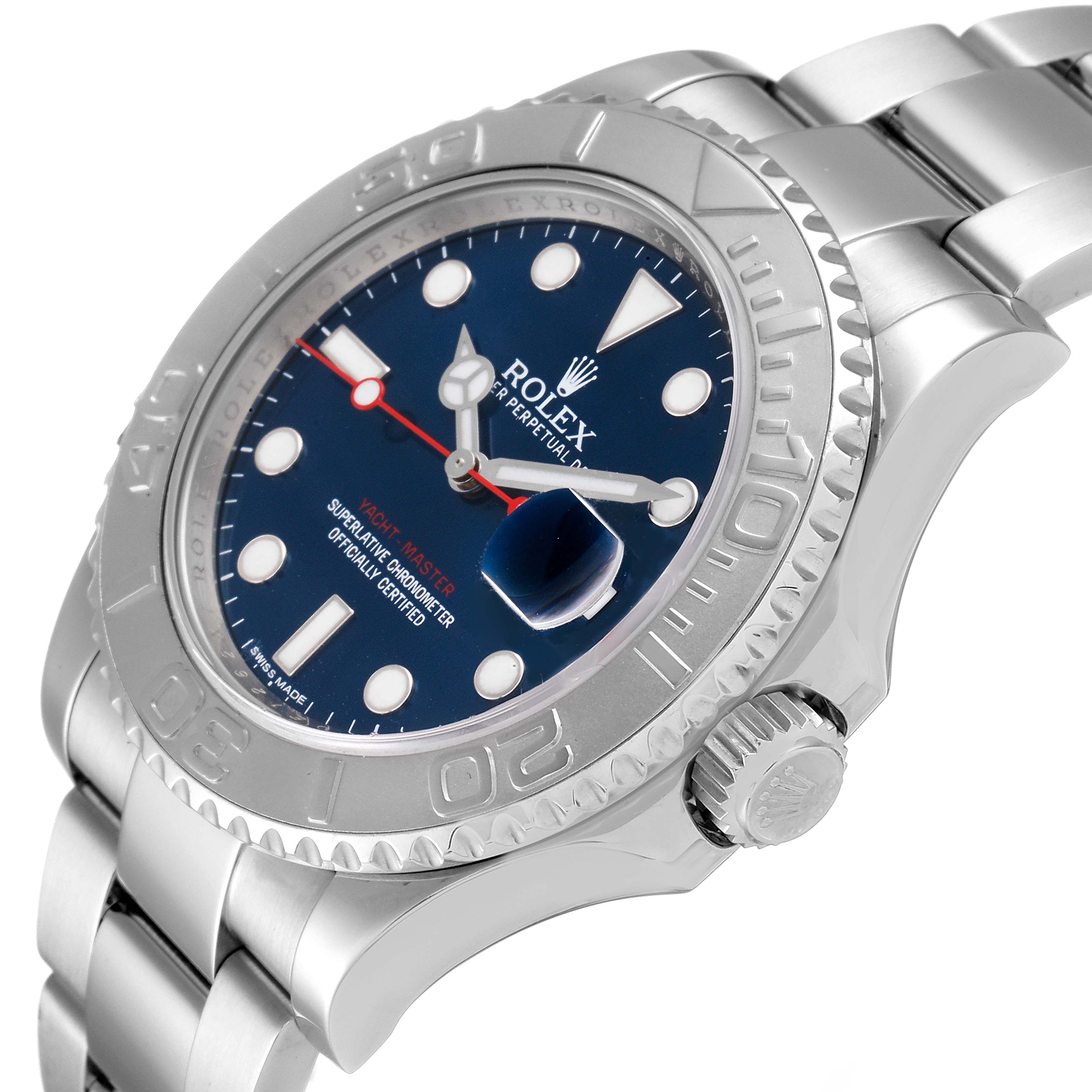 The image shows a side and partial top view of a Rolex Yacht-Master 116622 Men
s Stainless Steel Blue Dial 116622 Men
s Stainless Steel Blue Dial watch, highlighting its dial, bezel, and crown.