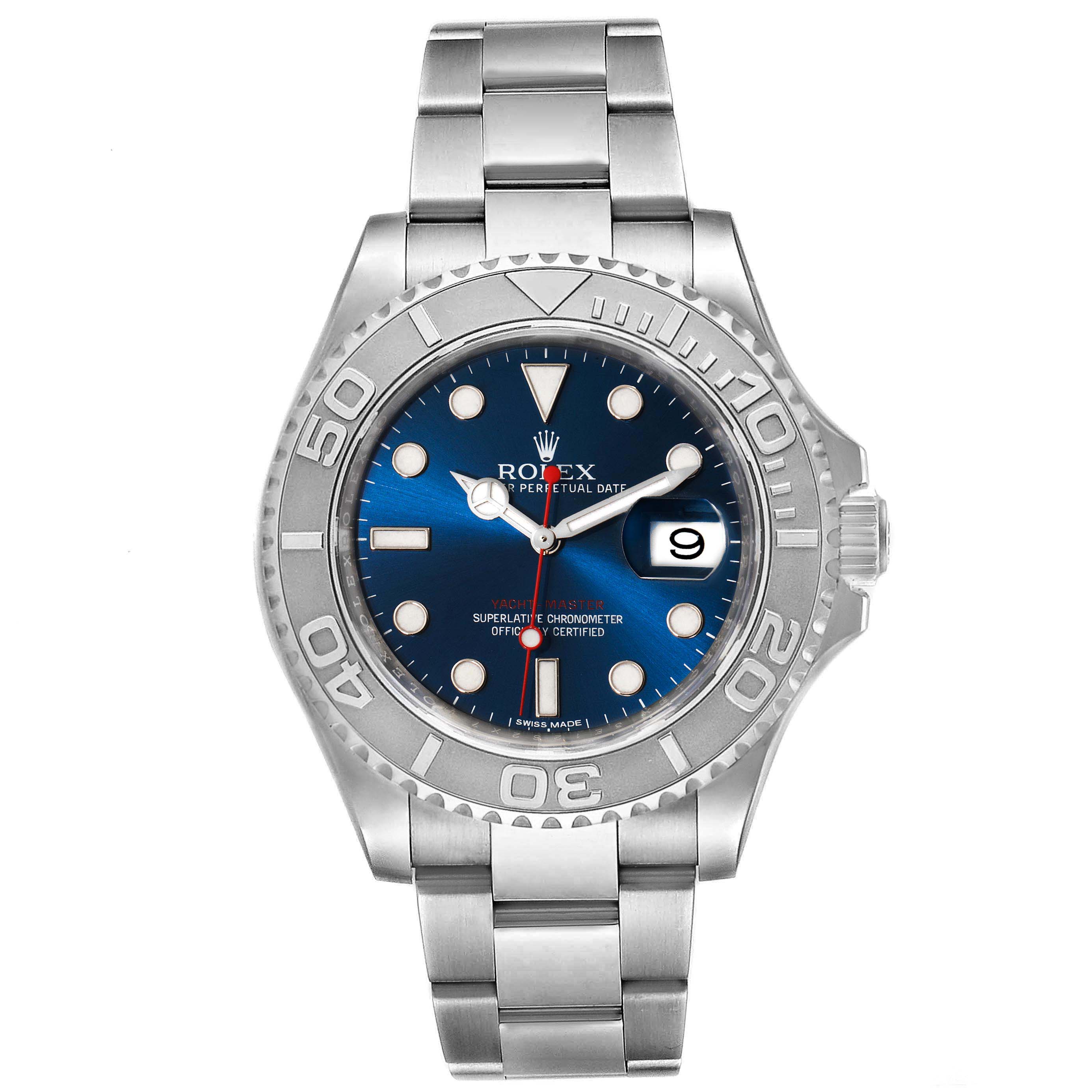 The image shows a front view of a Rolex Yacht-Master 116622 Men
s Stainless Steel Blue Dial 116622 Men
s Stainless Steel Blue Dial watch, highlighting its blue dial, bezel, bracelet, and date display.