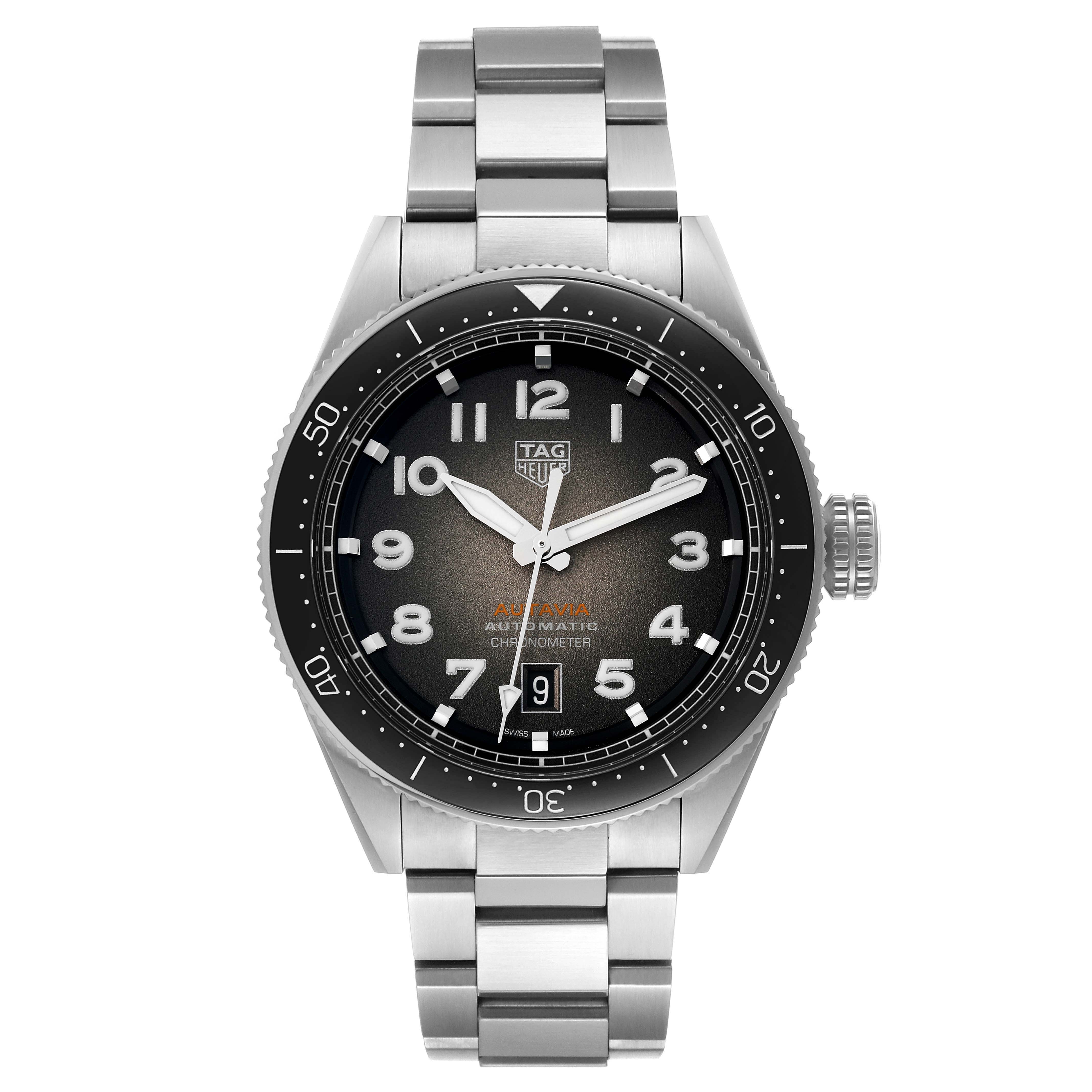 The image shows a front view of the Tag Heuer Autavia 63464 Men's Stainless Steel Brown Dial 63464 Men's Stainless Steel Brown Dial watch, displaying its dial, bezel, crown, and metal bracelet.