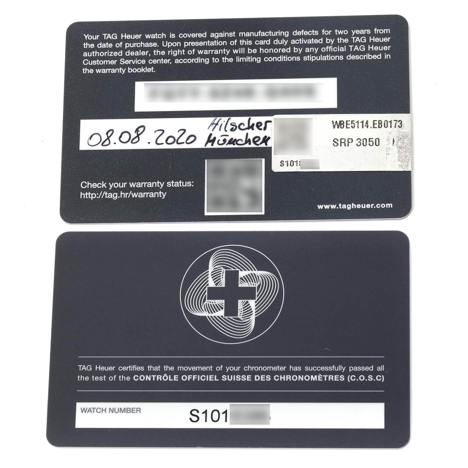 The image shows the front and back of the warranty card for the Tag Heuer Autavia 63464 Men's Stainless Steel Brown Dial 63464 Men's Stainless Steel Brown Dial model watch.