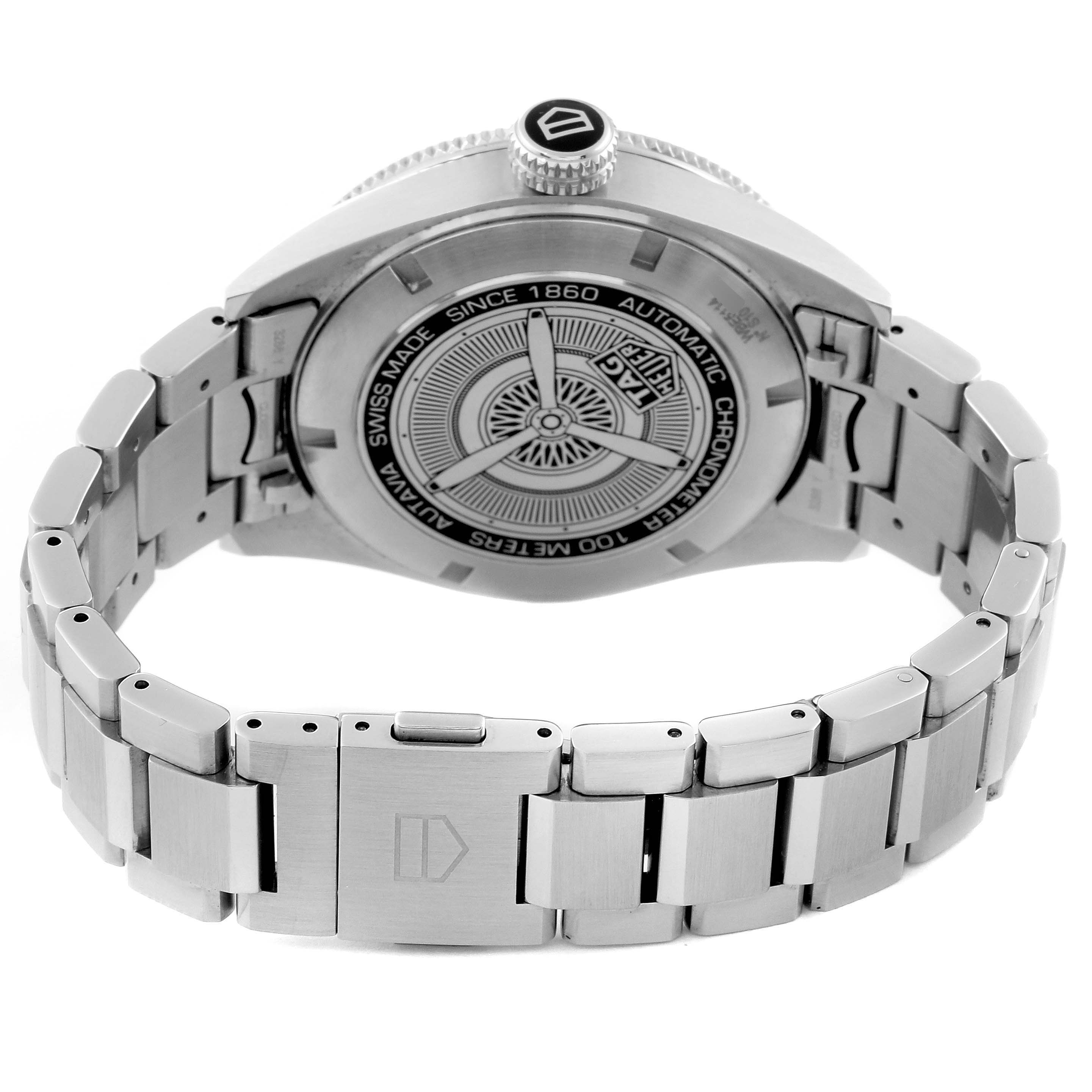This image shows the back and clasp of the Autavia model by Tag Heuer at a slight angle.