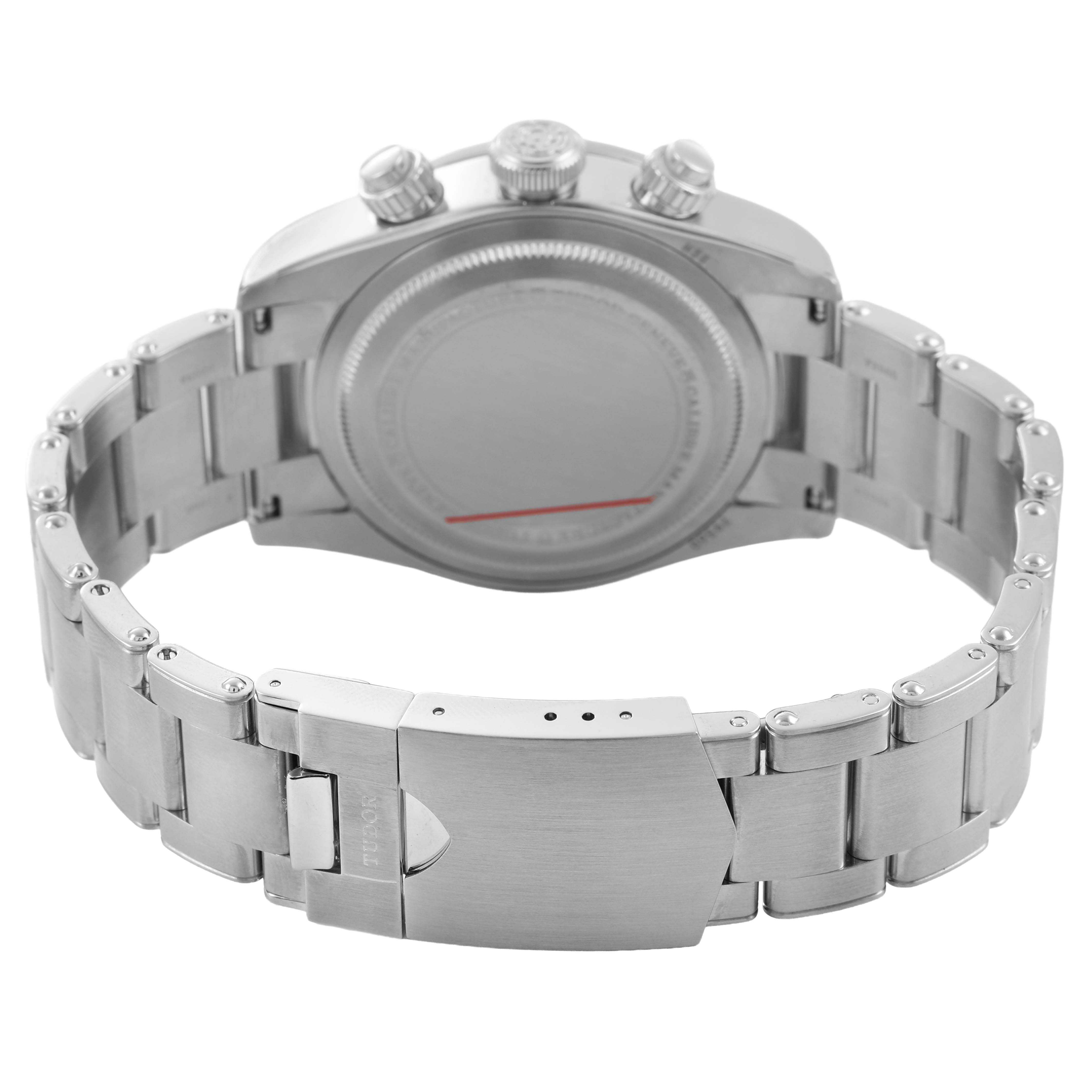 The image shows the back of the Tudor Heritage Black Bay M79360N-002 Men's Stainless Steel Silver Dial watch, focusing on the case back, bracelet, and clasp from a rear angle.