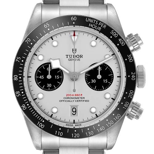 The Tudor Heritage Black Bay M79360N-002 Men's Stainless Steel Silver Dial watch is shown from a front angle, displaying its dial, bezel, and bracelet.