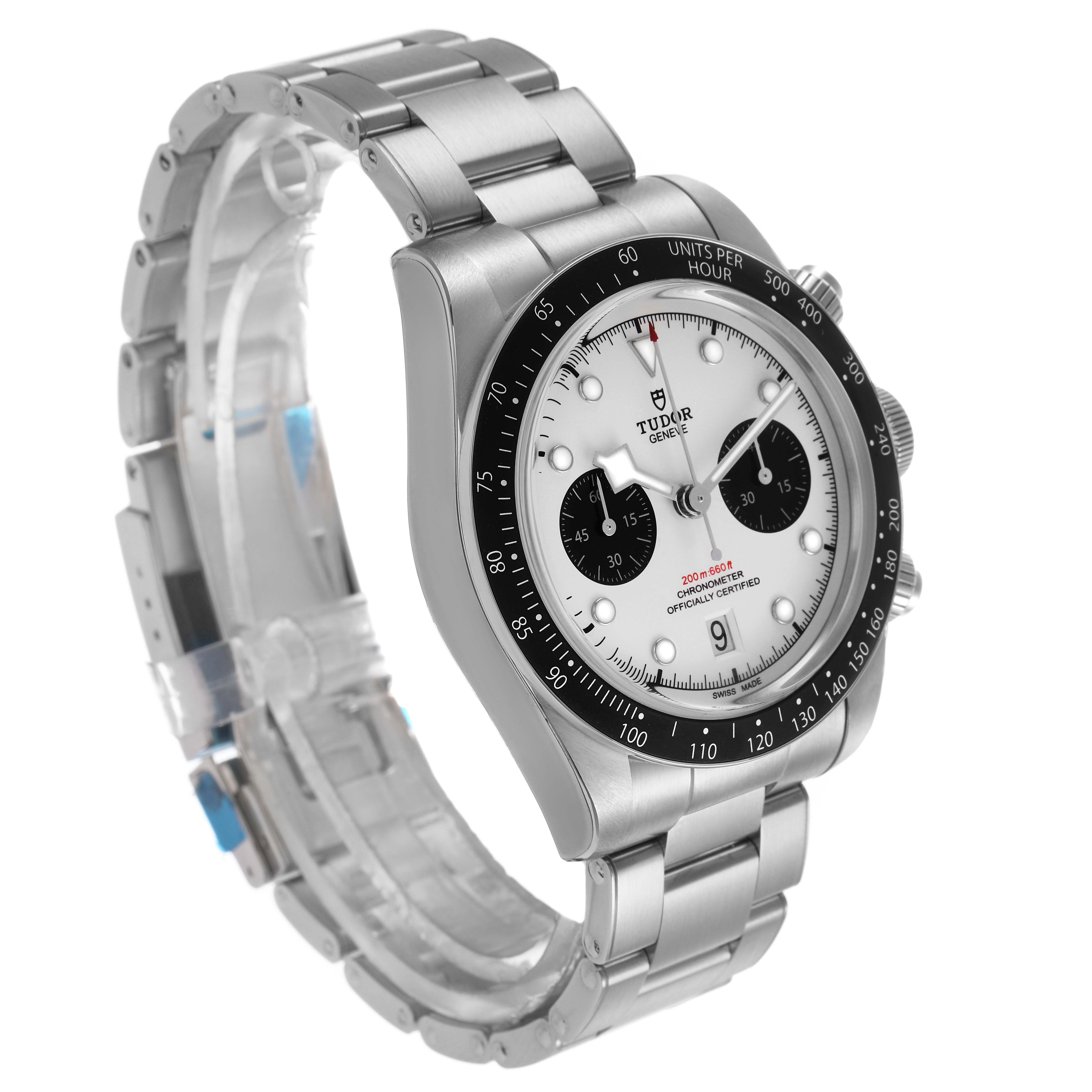 The Tudor Heritage Black Bay M79360N-002 Men's Stainless Steel Silver Dial watch is shown at a slight angle displaying the face, bezel, and bracelet.
