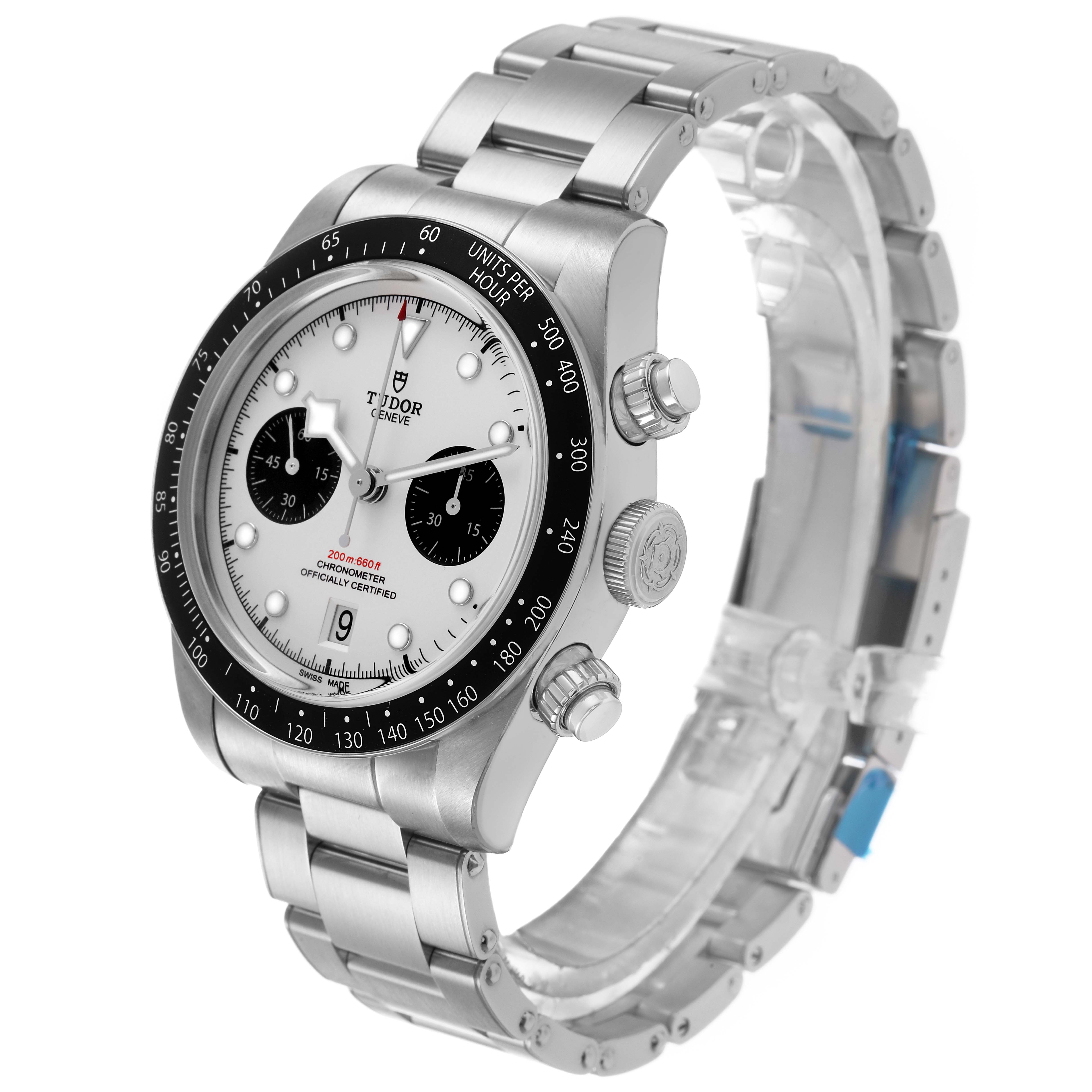 The Tudor Heritage Black Bay M79360N-002 Men's Stainless Steel Silver Dial watch is shown at a three-quarter angle, highlighting the face, bracelet, and crown.