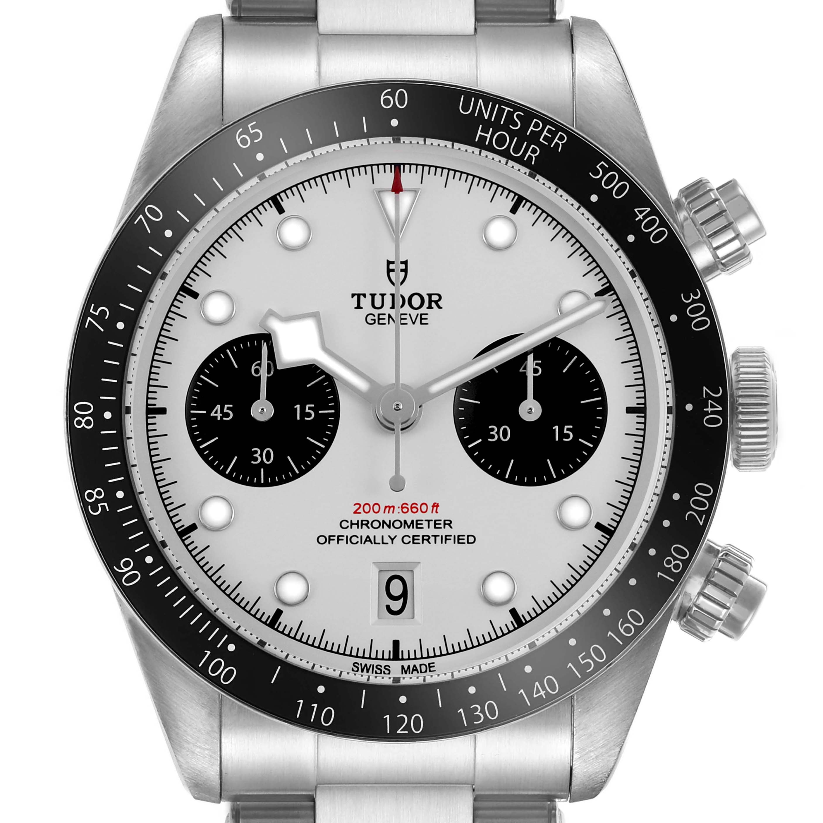 The image shows a front view of the Tudor Heritage Black Bay M79360N-002 Men's Stainless Steel Silver Dial watch, displaying its dial, bezel, and crown.