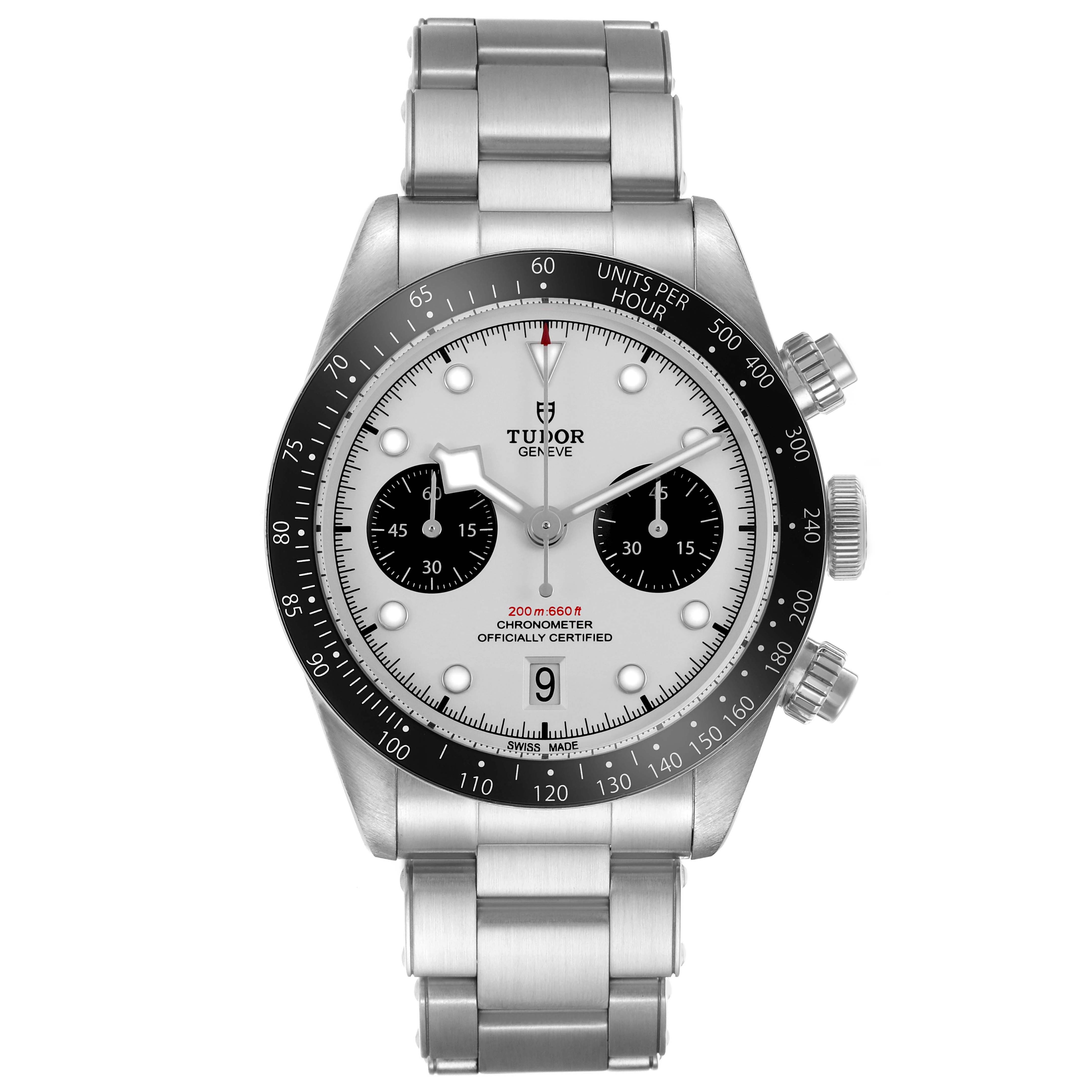 The Tudor Heritage Black Bay M79360N-002 Men's Stainless Steel Silver Dial watch is shown from a top-down angle, displaying its face, bezel, pushers, and bracelet.