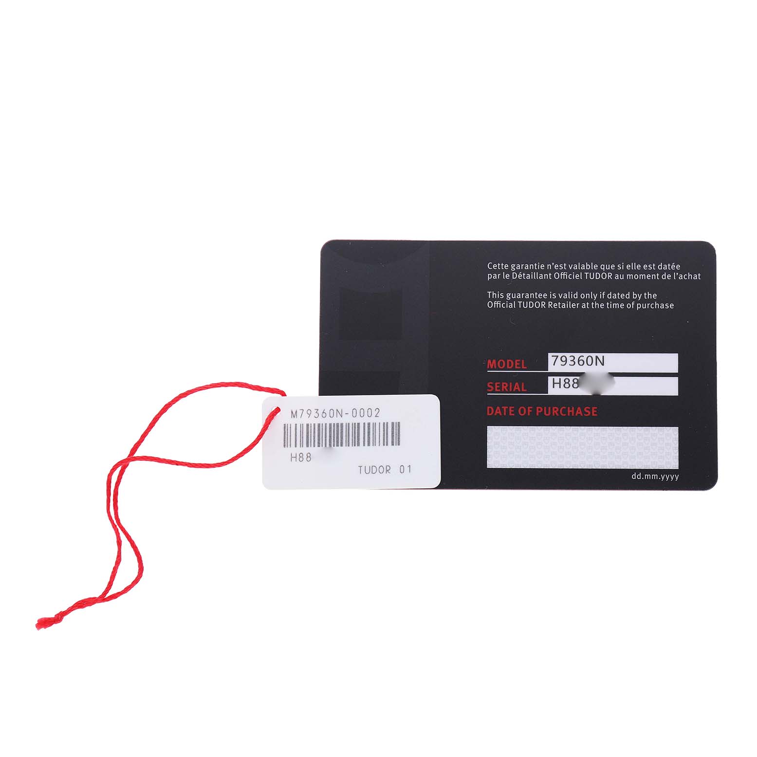 The image shows a warranty card for the Tudor Heritage Black Bay M79360N-002 Men's Stainless Steel Silver Dial model, alongside a tag with a red string.
