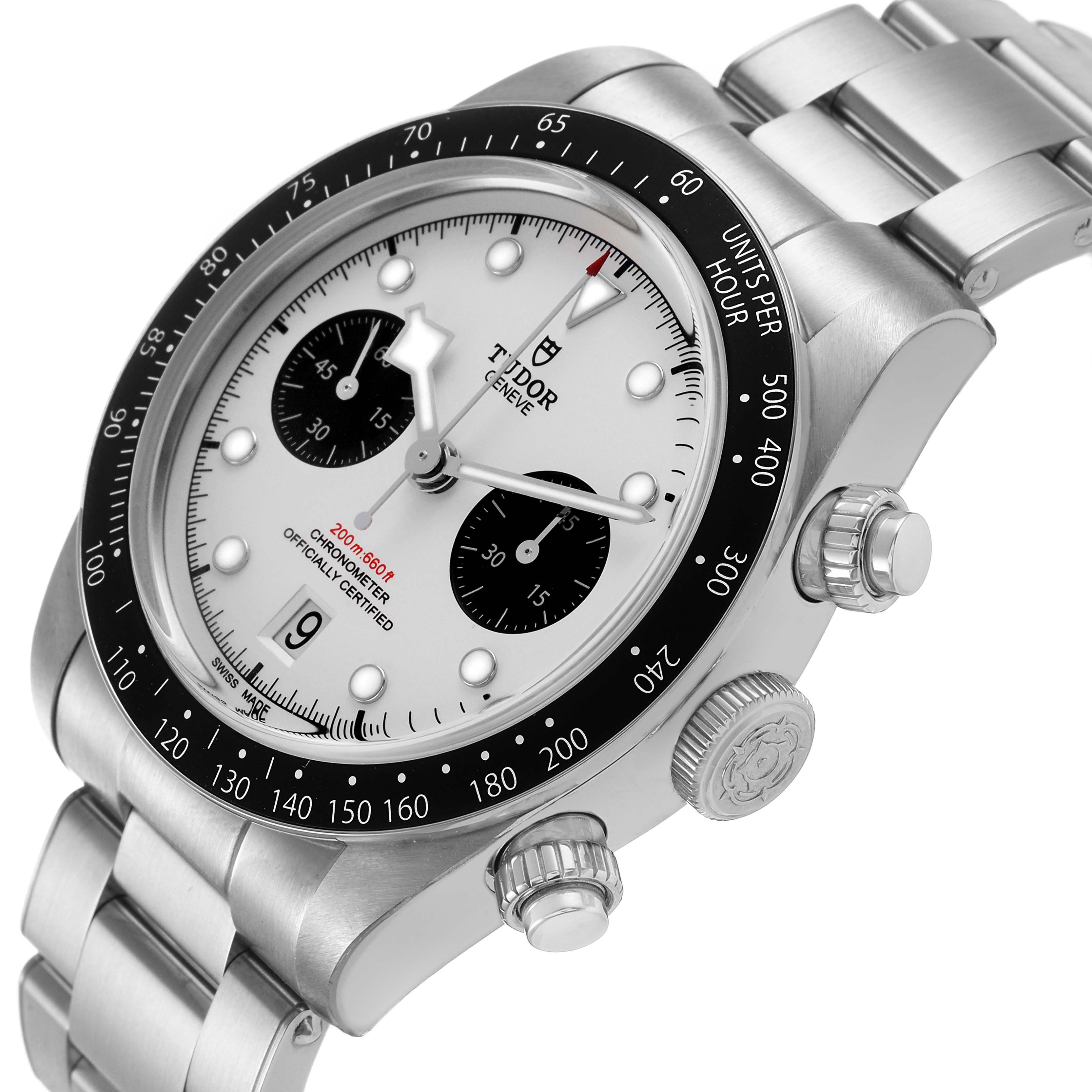 The Tudor Heritage Black Bay M79360N-002 Men's Stainless Steel Silver Dial watch is shown at an angled view, highlighting its dial, bezel, crown, and chronograph pushers.