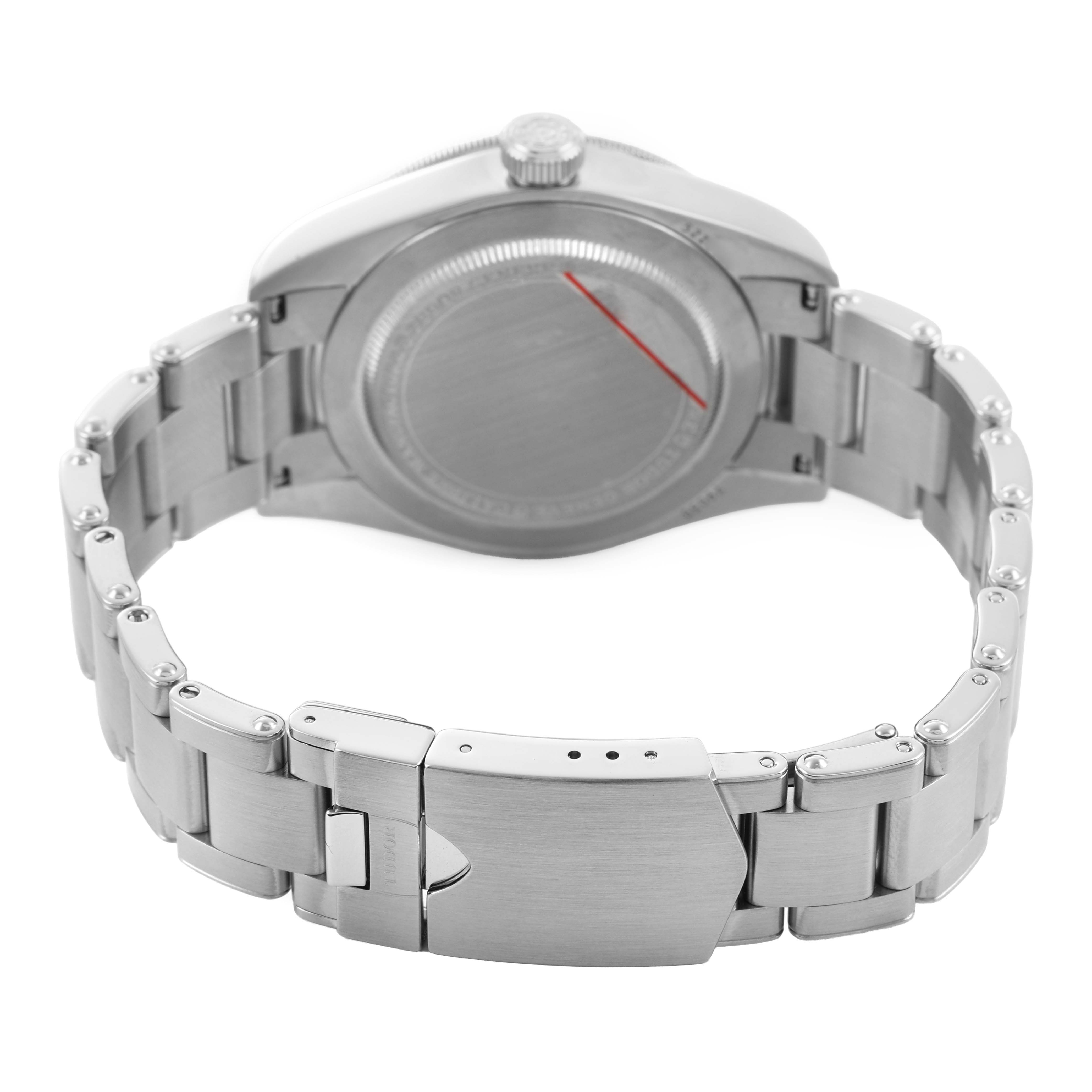 The image shows the back and bracelet of the Tudor Heritage Black Bay M79030N-0001 Men's Stainless Steel Black Dial watch, focusing on the clasp and case back.