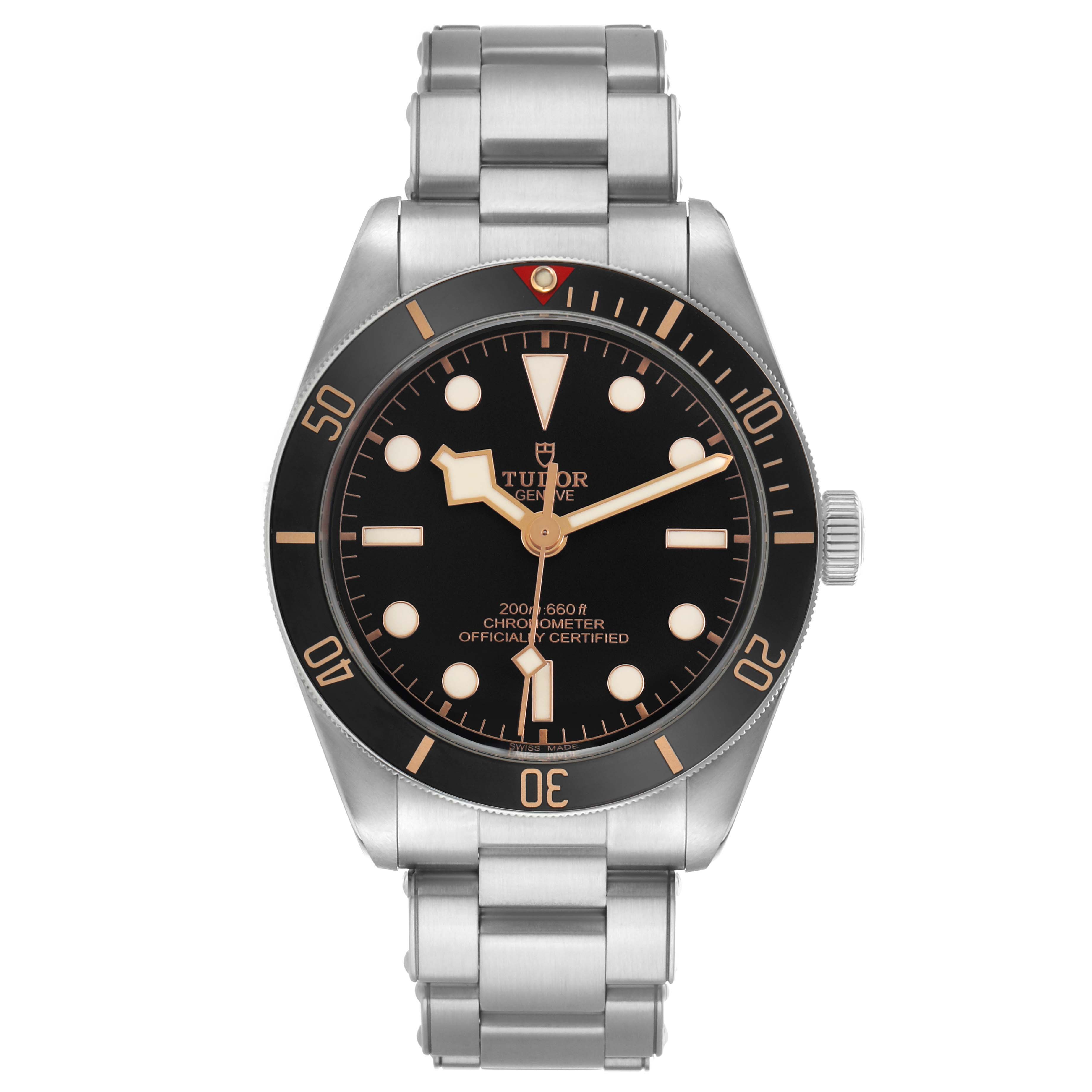 This image shows a frontal view of the Tudor Heritage Black Bay M79030N-0001 Men's Stainless Steel Black Dial, highlighting its face and metal bracelet.