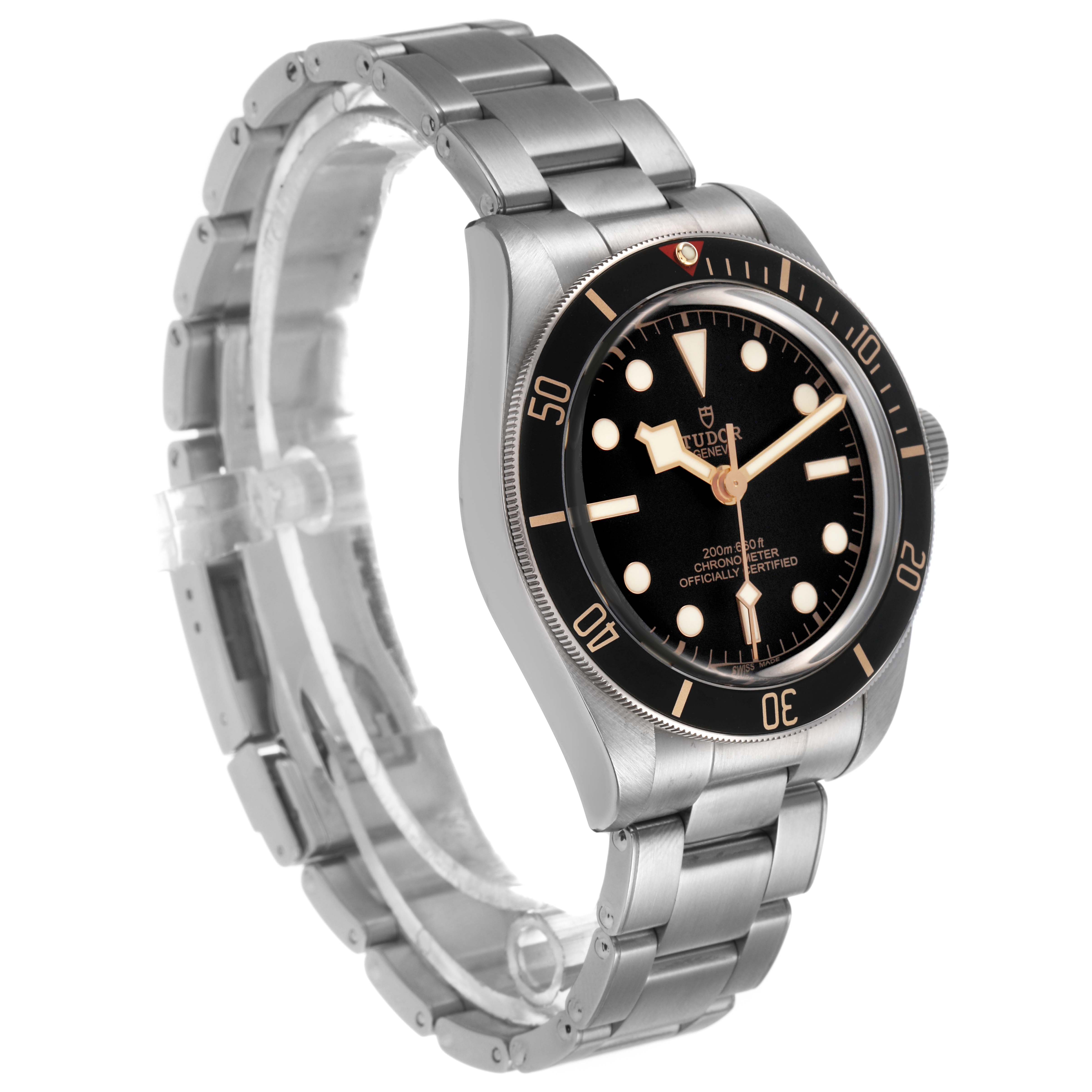 The Tudor Heritage Black Bay M79030N-0001 Men's Stainless Steel Black Dial watch is shown at a three-quarter angle, displaying the dial, bezel, case, and part of the bracelet.
