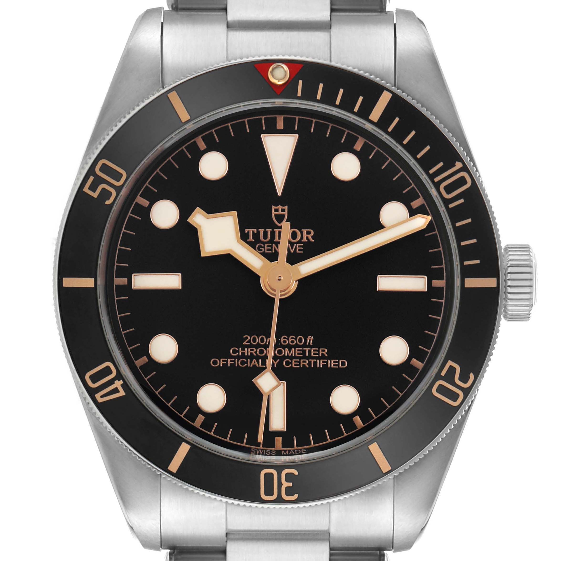 The image shows a front view of the Tudor Heritage Black Bay M79030N-0001 Men's Stainless Steel Black Dial watch, displaying the dial, bezel, and part of the bracelet.
