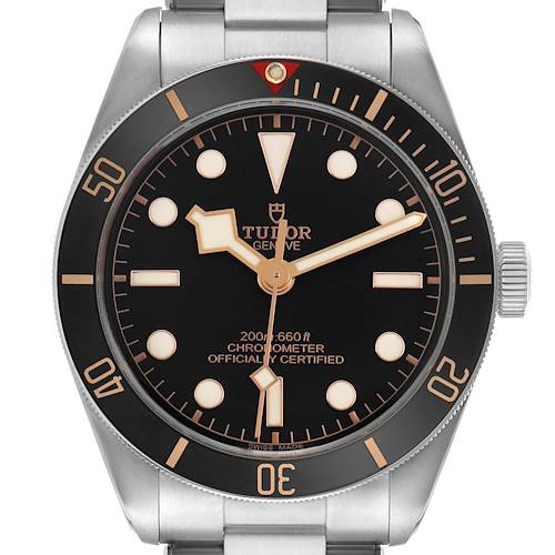 The Tudor Heritage Black Bay M79030N-0001 Men's Stainless Steel Black Dial watch is shown from the front, displaying the dial, bezel, and part of the bracelet.