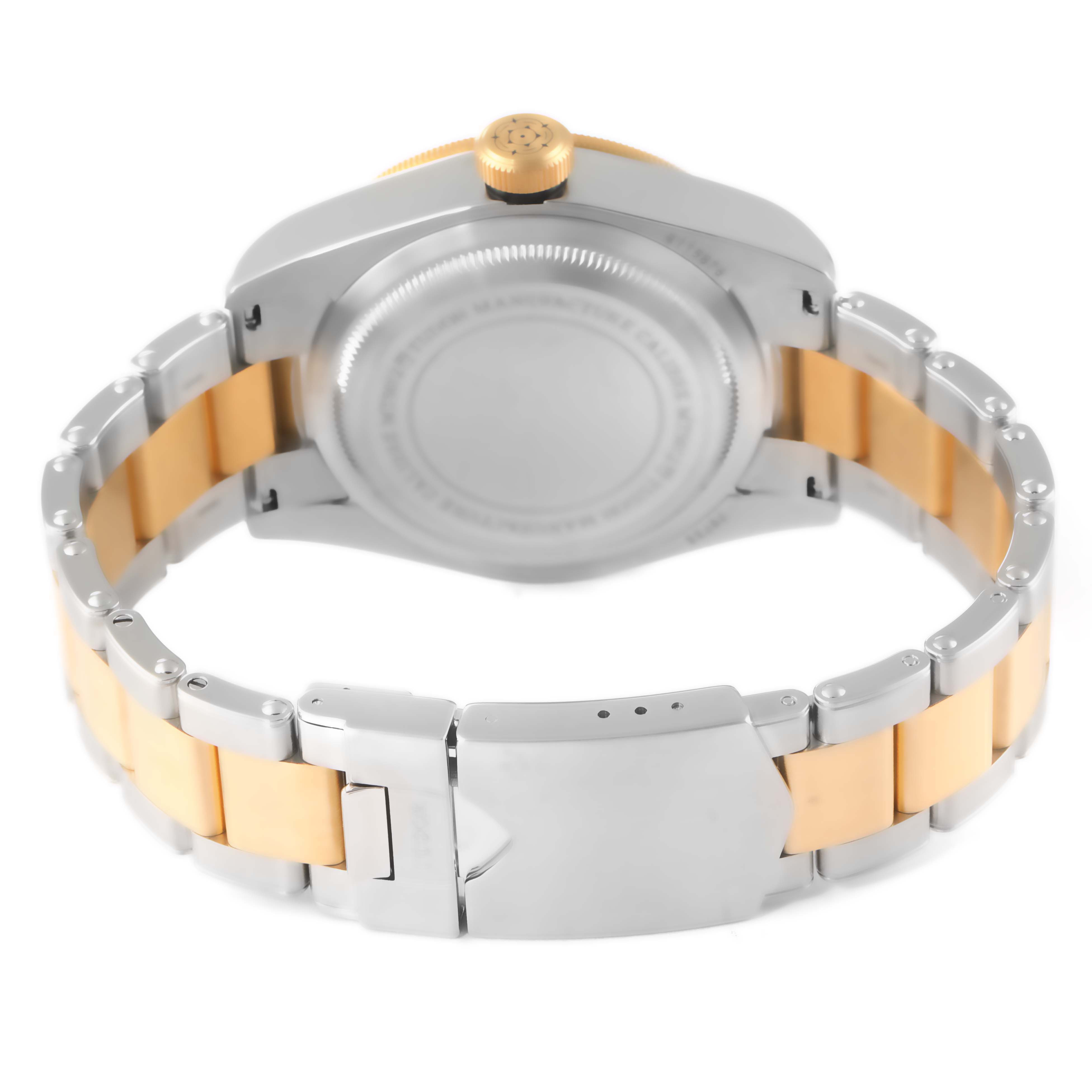 The image shows the back view of a Tudor Heritage Black Bay 79733 Men
s Steel and Gold (two tone) Black Dial 79733 Men
s Steel and Gold (two tone) Black Dial watch, focusing on the wristband and the crown.