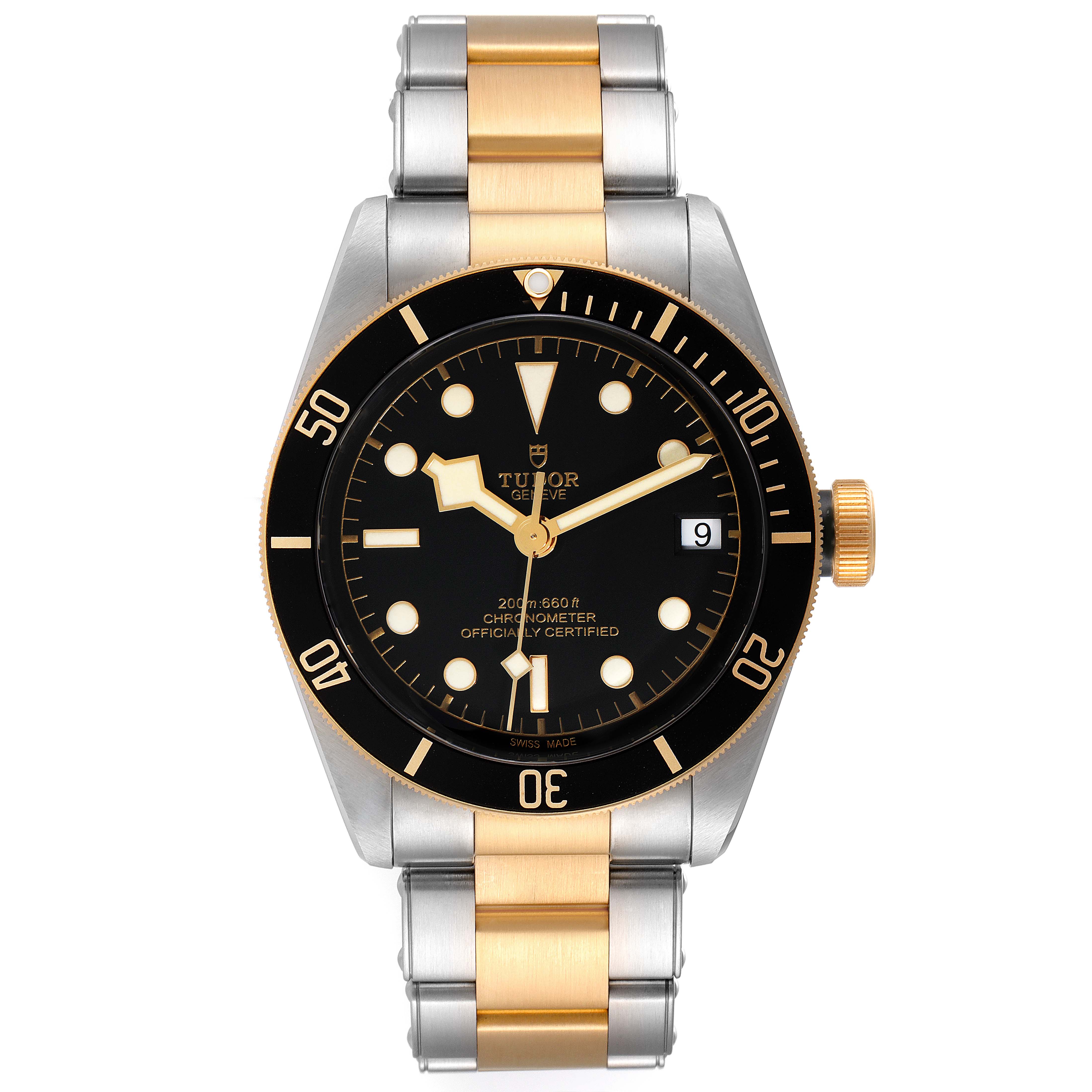 This image shows a front view of the Tudor Heritage Black Bay 79733 Men
s Steel and Gold (two tone) Black Dial 79733 Men
s Steel and Gold (two tone) Black Dial watch, displaying the dial, bezel, crown, and two-tone bracelet.