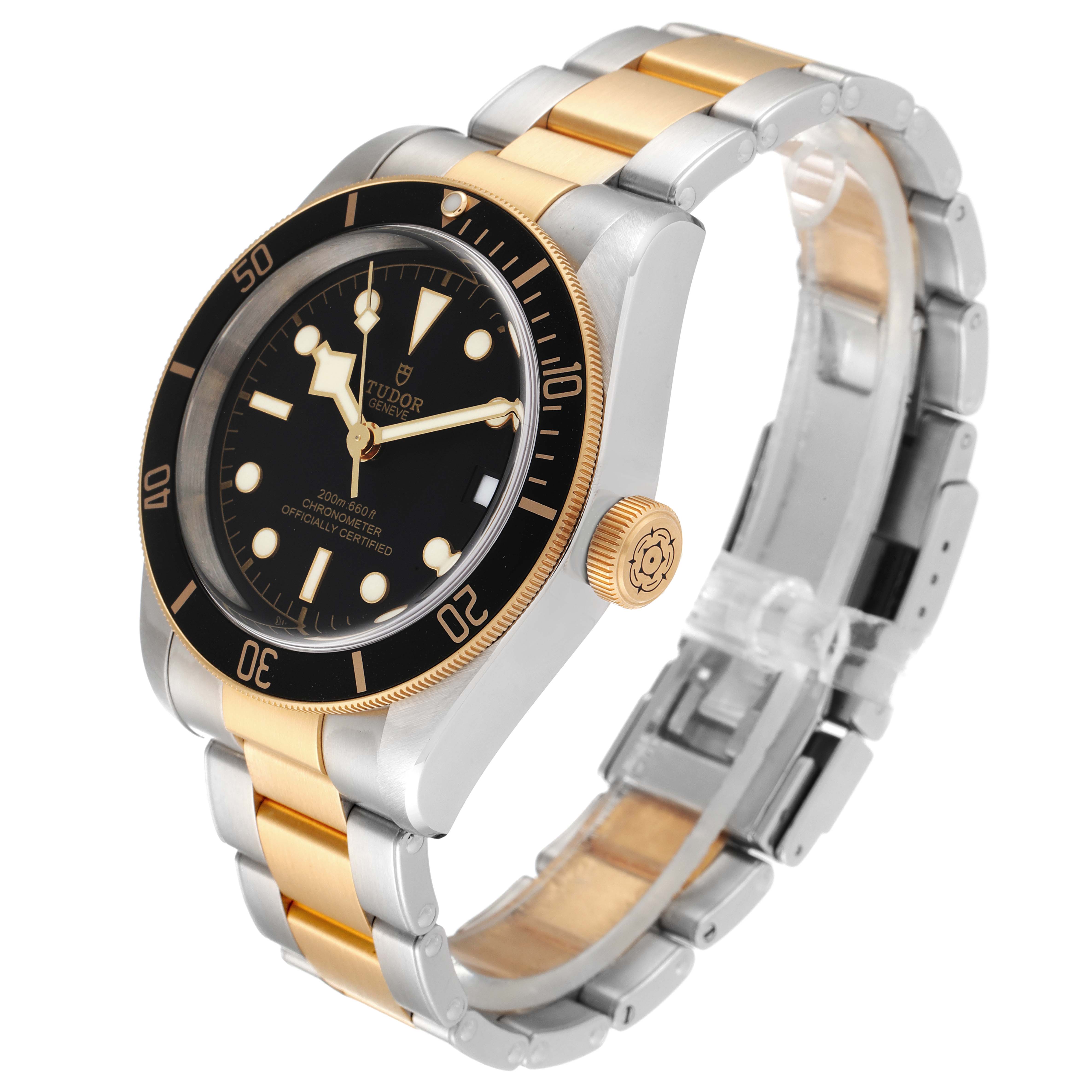 The Tudor Heritage Black Bay 79733 Men
s Steel and Gold (two tone) Black Dial 79733 Men
s Steel and Gold (two tone) Black Dial watch is shown at an angle highlighting its dial, bezel, case, and two-tone bracelet.