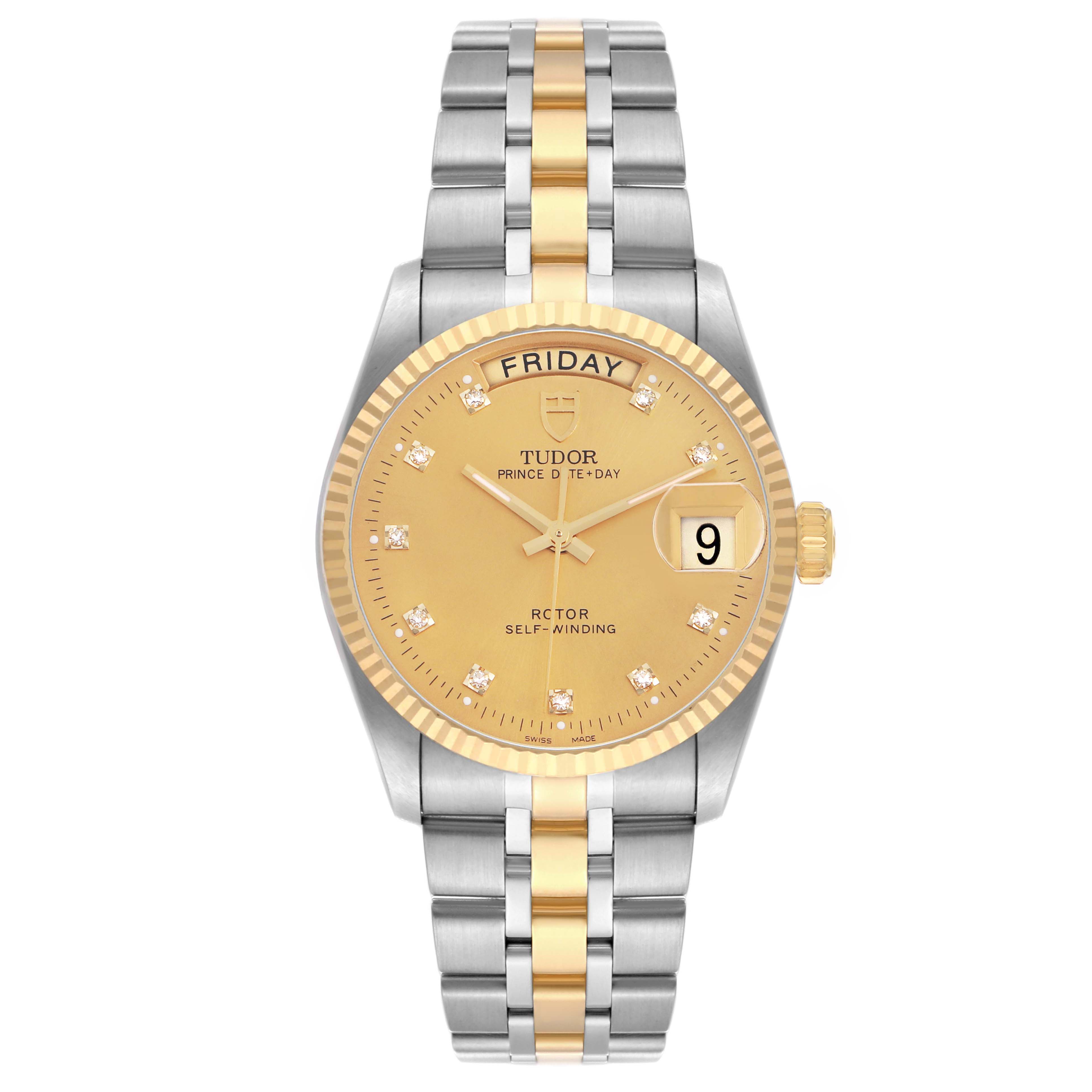 The Tudor Prince M76213 Men's Steel and Gold (two tone) Champagne Dial model watch is shown from a top view, highlighting its gold dial, bezel, day-date feature, and two-tone bracelet.