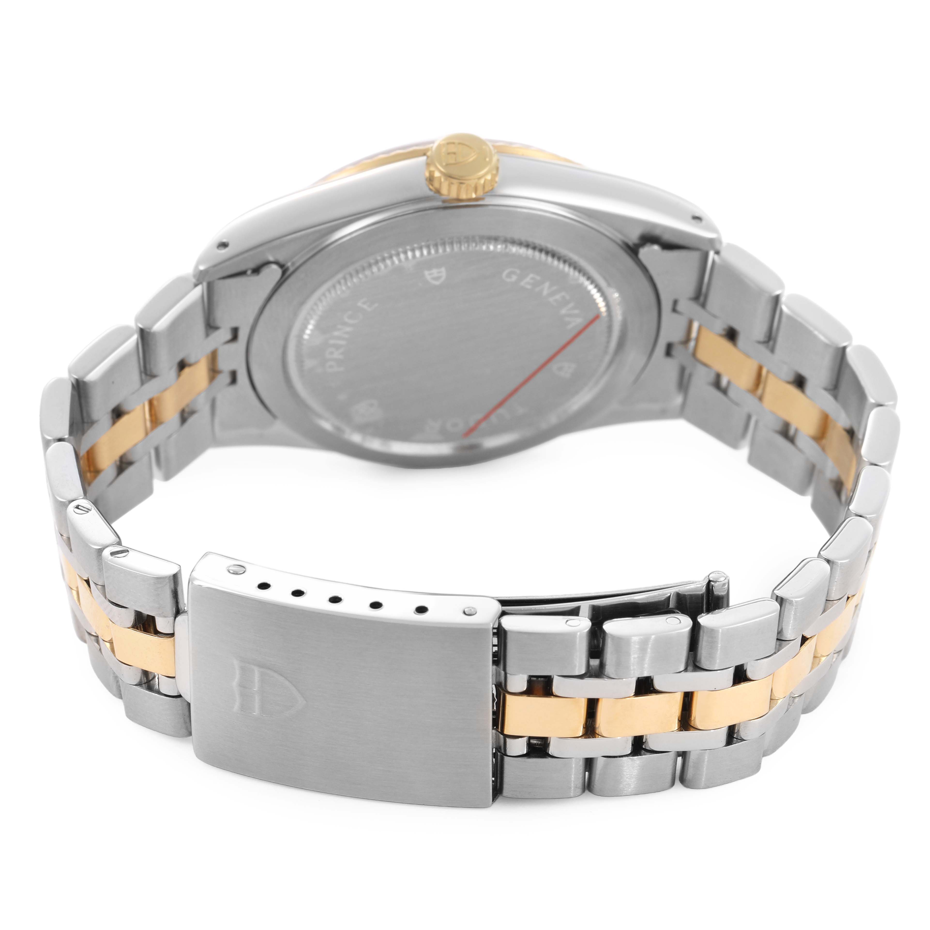 The Tudor Prince M76213 Men's Steel and Gold (two tone) Champagne Dial watch is shown from the back, featuring its clasp, case back, crown, and two-tone bracelet.