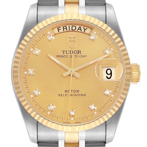 The Tudor Prince M76213 Men's Steel and Gold (two tone) Champagne Dial watch is shown from a front angle, highlighting its gold dial, day-date display, and diamond markers.