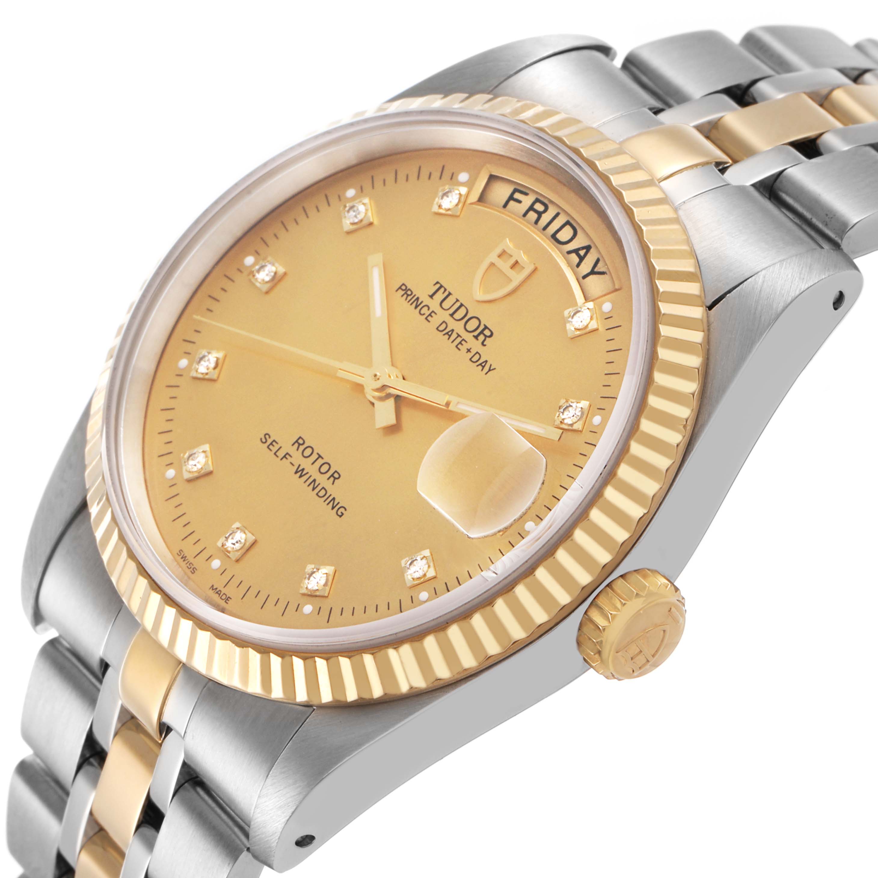 The Tudor Prince M76213 Men's Steel and Gold (two tone) Champagne Dial watch is shown at an angle highlighting the dial, crown, bezel, and bracelet.