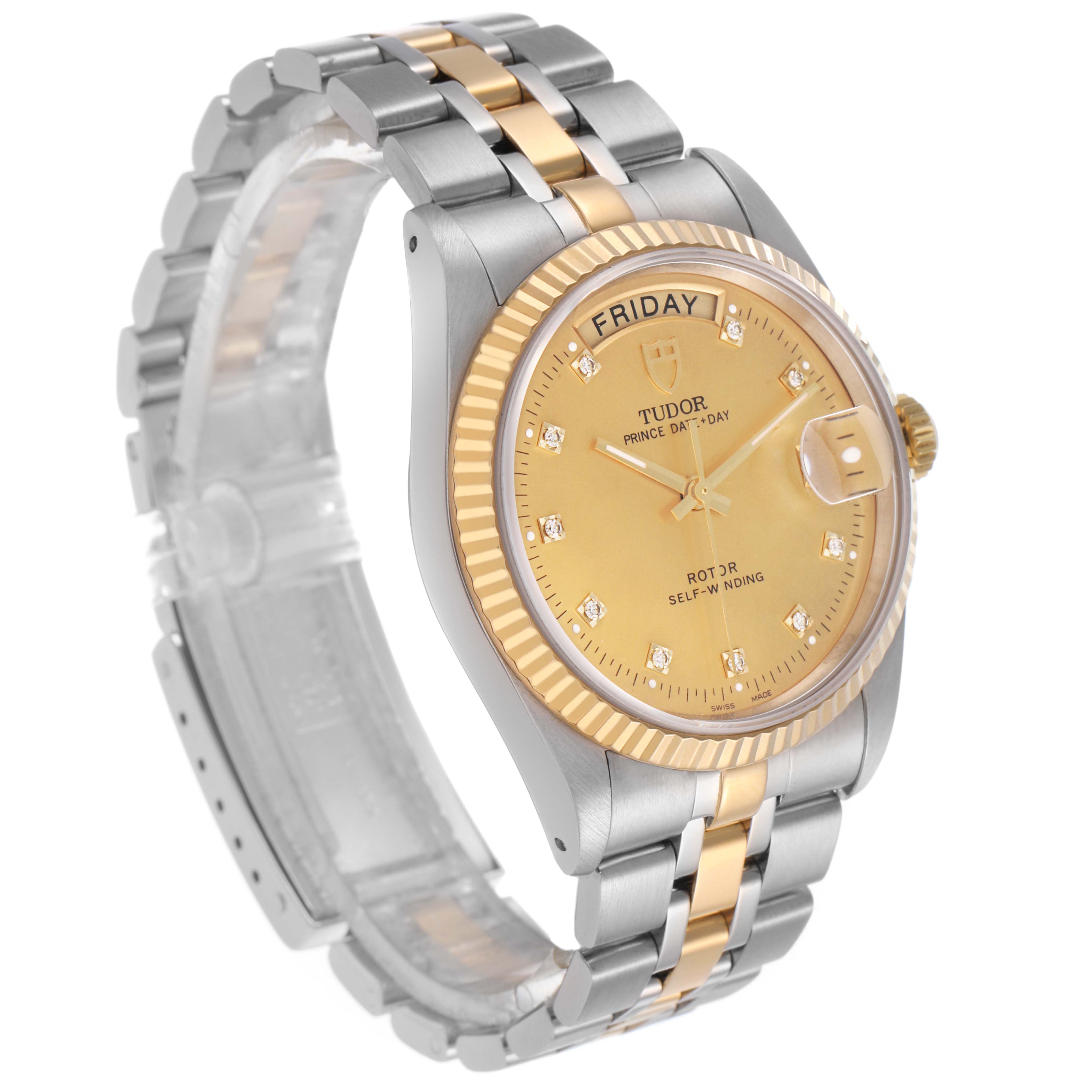 The Tudor Prince M76213 Men's Steel and Gold (two tone) Champagne Dial watch is shown at a three-quarter angle, highlighting its two-tone band, fluted bezel, and day-date dial.