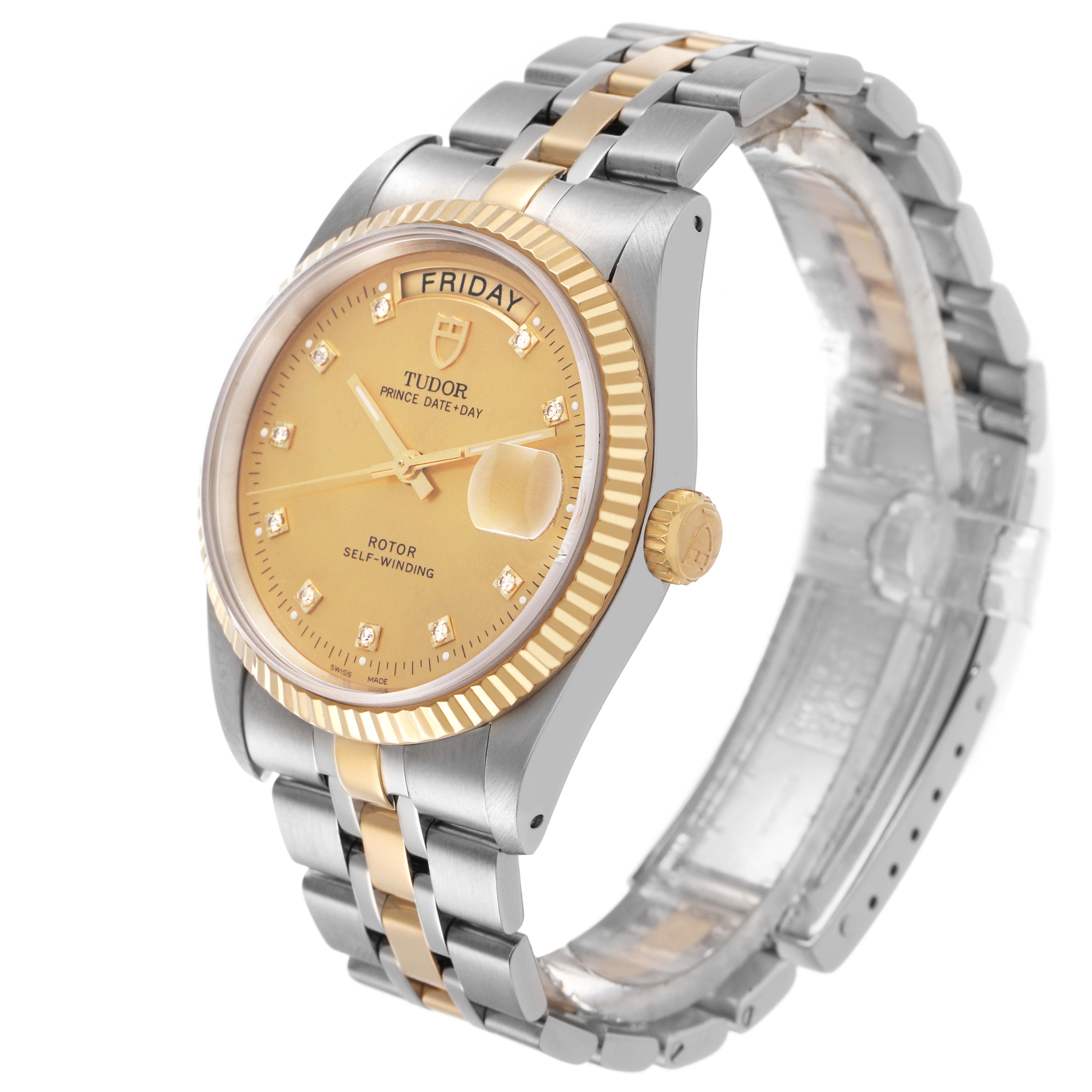 The Tudor Prince M76213 Men's Steel and Gold (two tone) Champagne Dial watch is shown at a three-quarter angle, displaying its bezel, dial, day-date feature, crown, and bracelet.