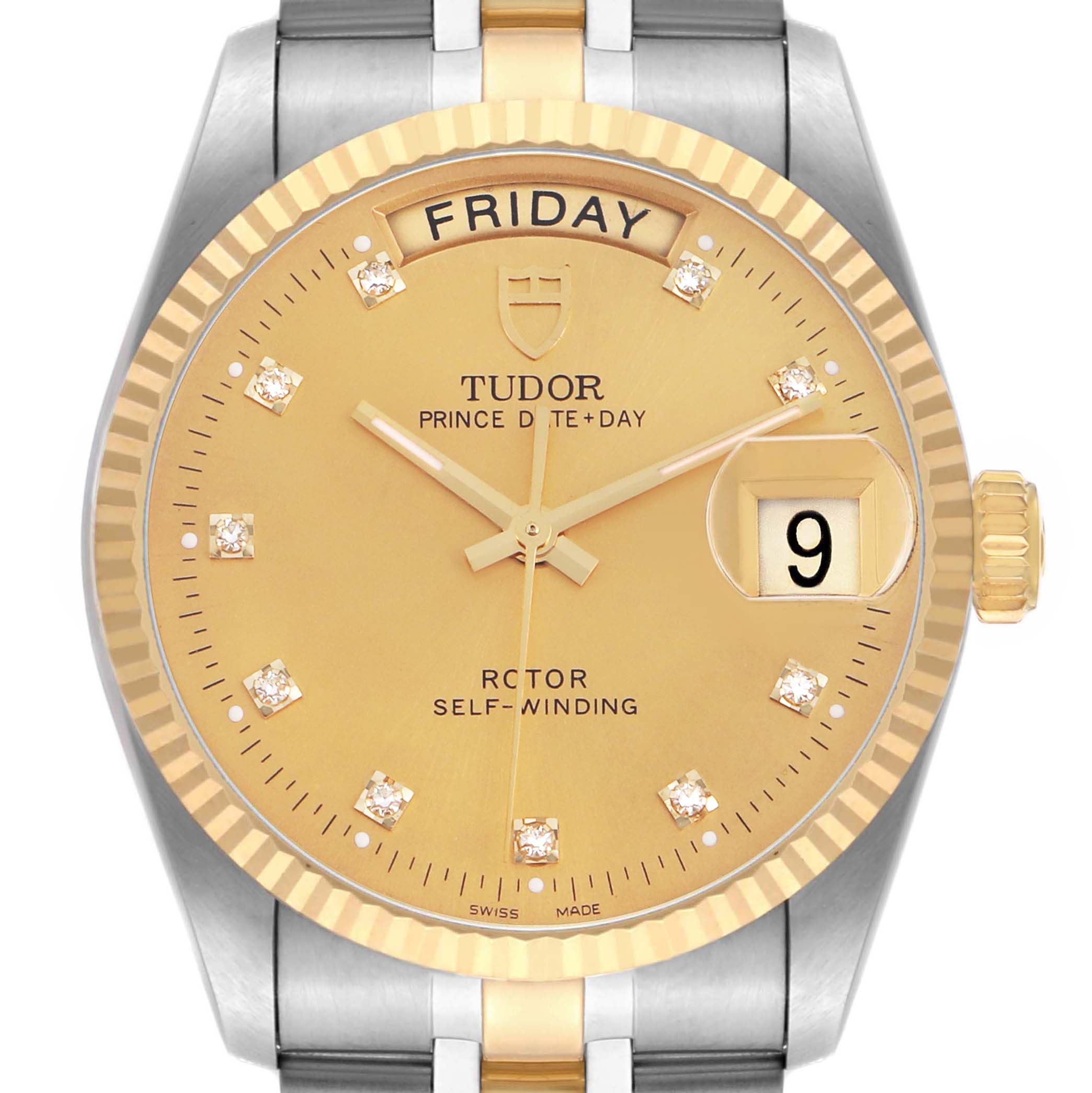 The image shows a front view of the Tudor Prince M76213 Men's Steel and Gold (two tone) Champagne Dial model watch, highlighting the gold dial, day-date display, and diamond hour markers.