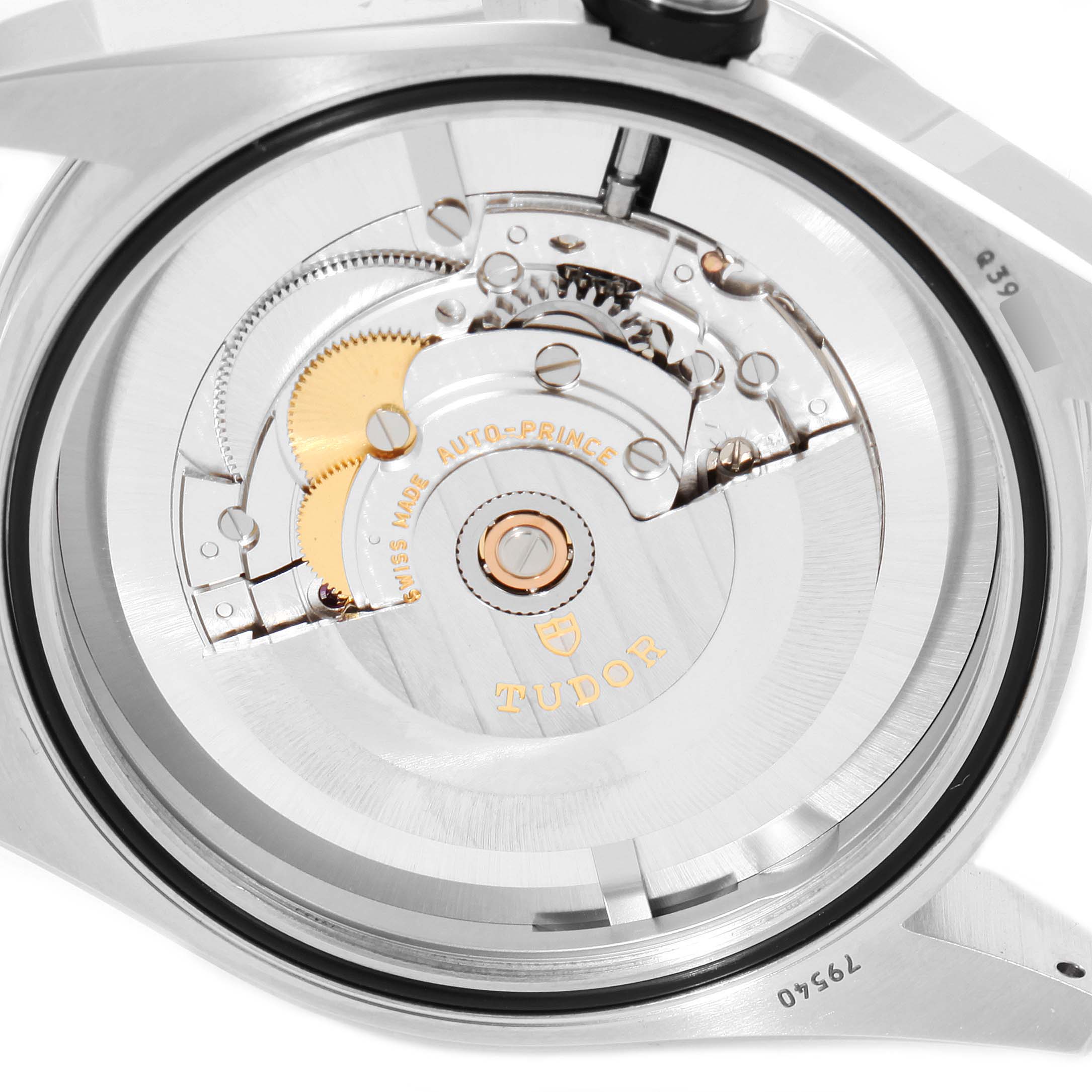 The image shows a close-up of the movement mechanism inside the Tudor Heritage Black Bay 79540 Men's Stainless Steel Blue Dial 79540 Men's Stainless Steel Blue Dial watch.