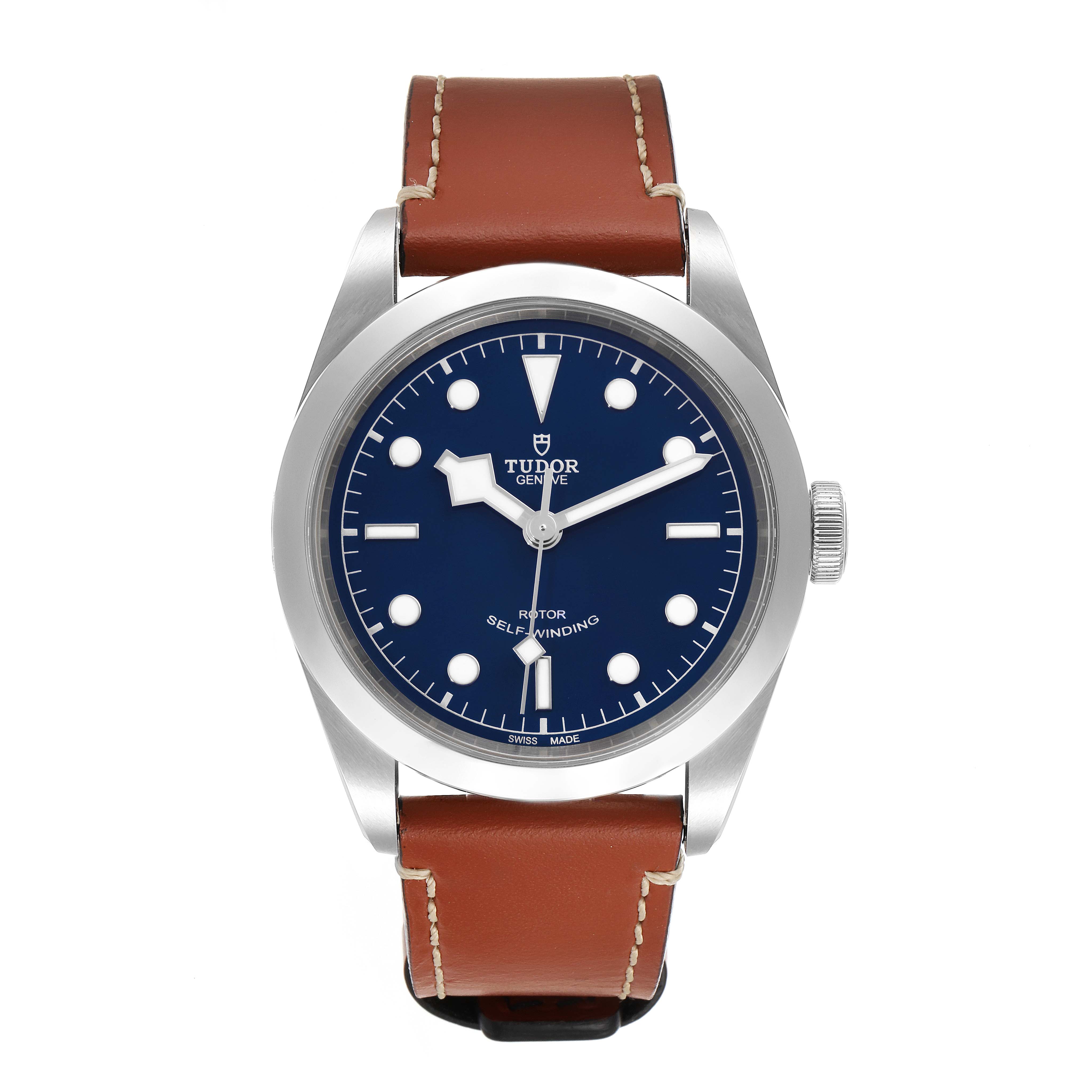 This image shows a Tudor Heritage Black Bay 79540 Men's Stainless Steel Blue Dial 79540 Men's Stainless Steel Blue Dial watch, front view, featuring a blue dial and a brown leather strap.