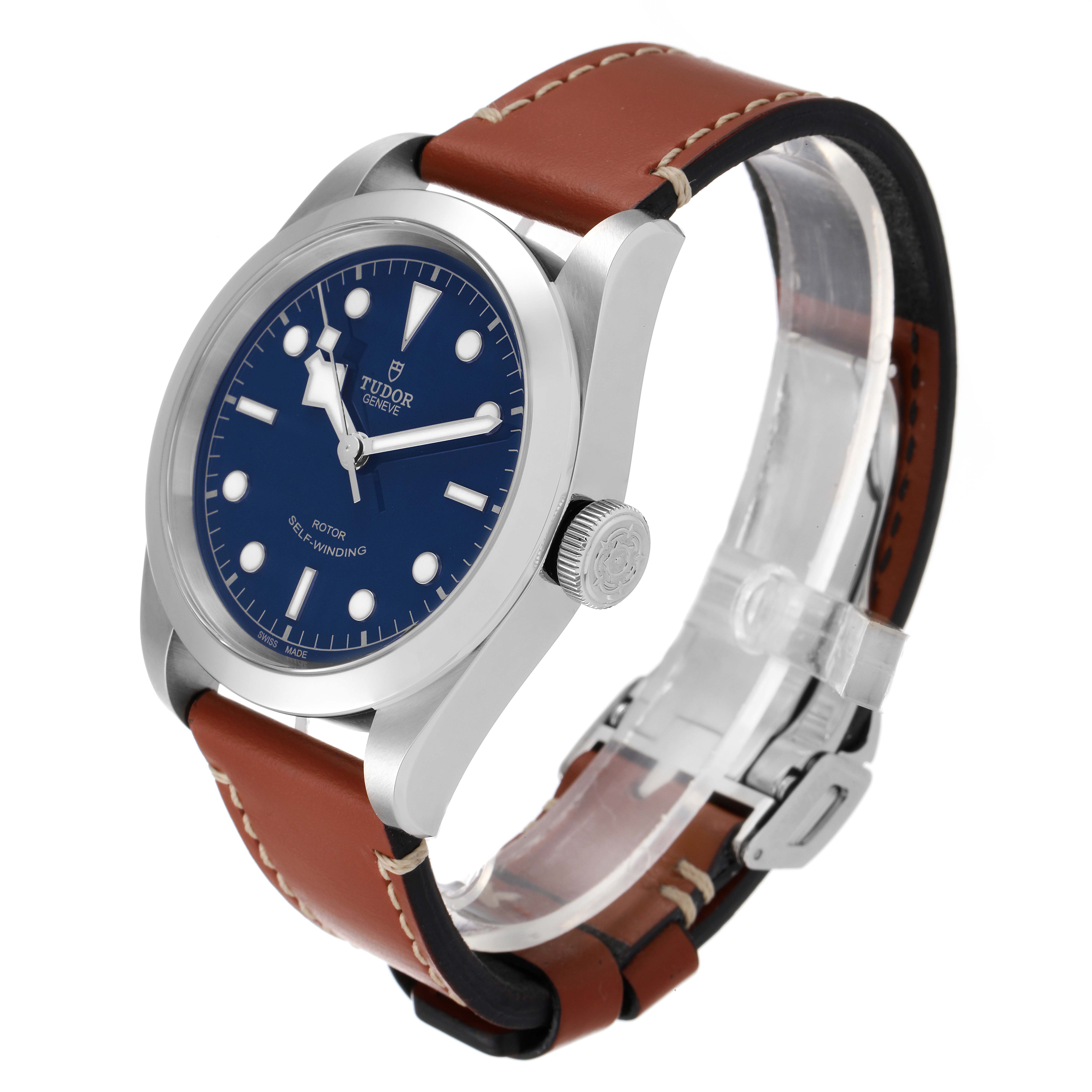 The image shows a Tudor Heritage Black Bay 79540 Men's Stainless Steel Blue Dial 79540 Men's Stainless Steel Blue Dial watch at a three-quarter angle, highlighting the case, dial, crown, and leather strap.