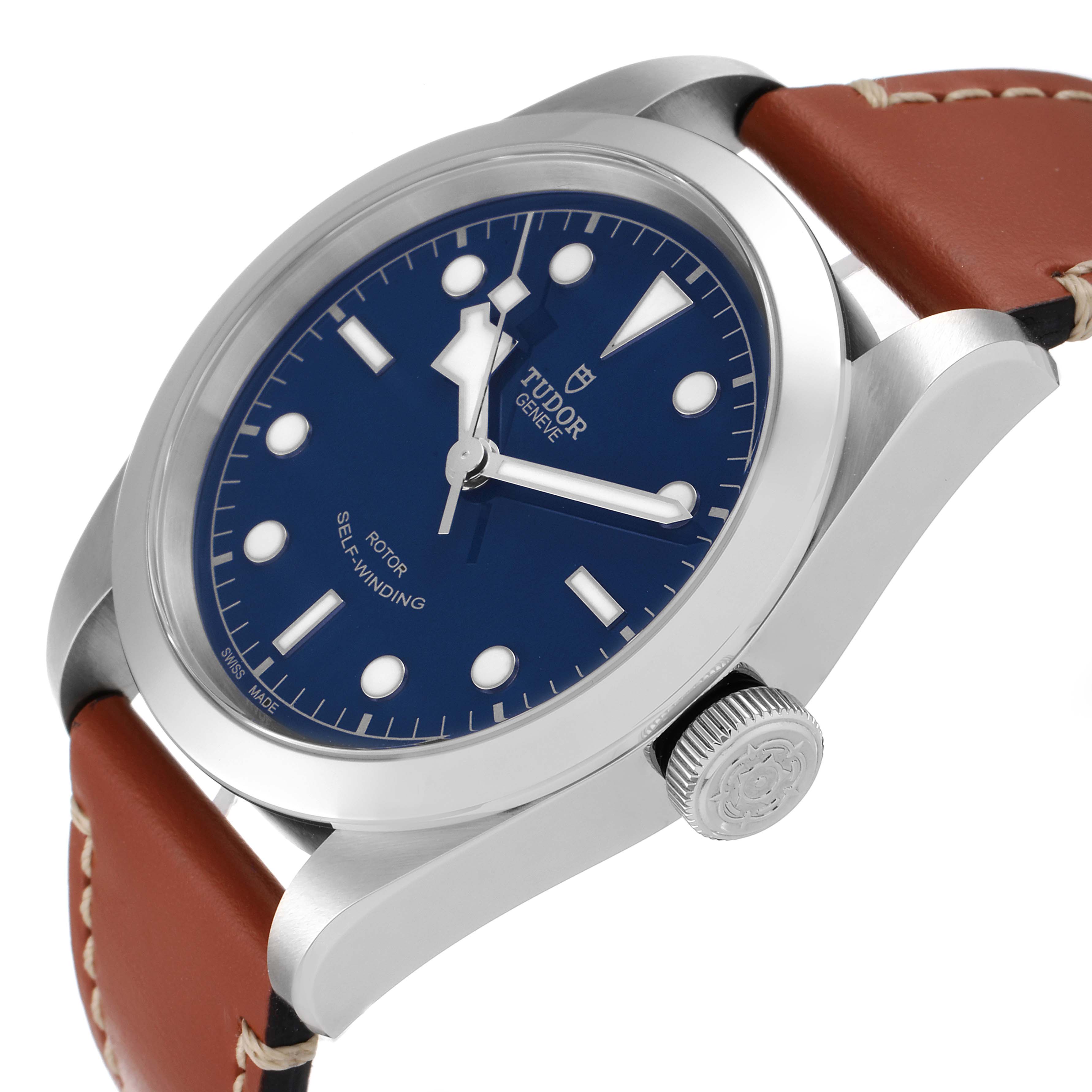This is a Tudor Heritage Black Bay 79540 Men's Stainless Steel Blue Dial 79540 Men's Stainless Steel Blue Dial watch shown at an angle displaying the dial, crown, and part of the strap.