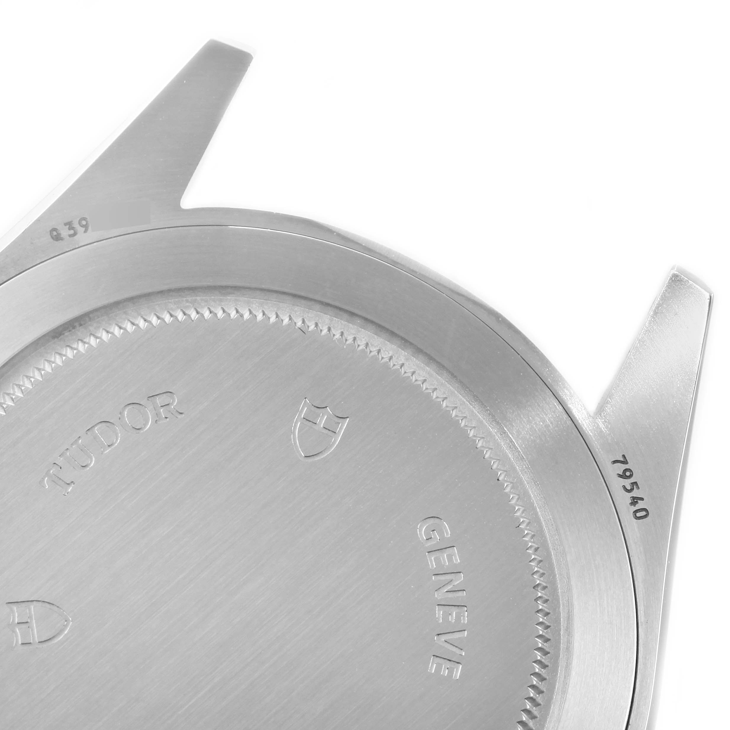 This image shows the backside and lugs of the Tudor Heritage Black Bay 79540 Men's Stainless Steel Blue Dial 79540 Men's Stainless Steel Blue Dial watch case.