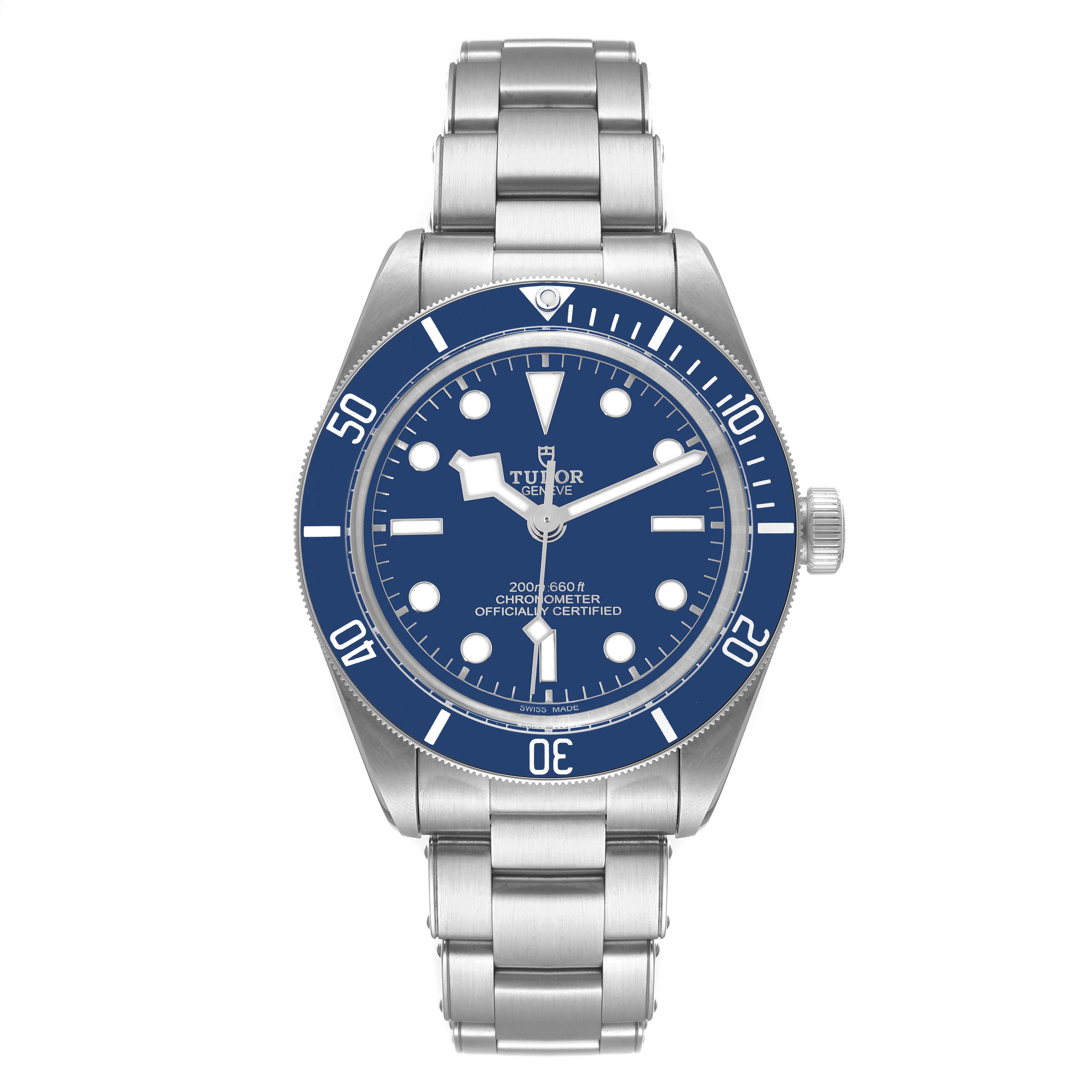 This image shows a front view of a Tudor Heritage Black Bay 79030B Men's Stainless Steel Blue Dial 79030B Men's Stainless Steel Blue Dial watch, featuring its dial, bezel, and metal bracelet.