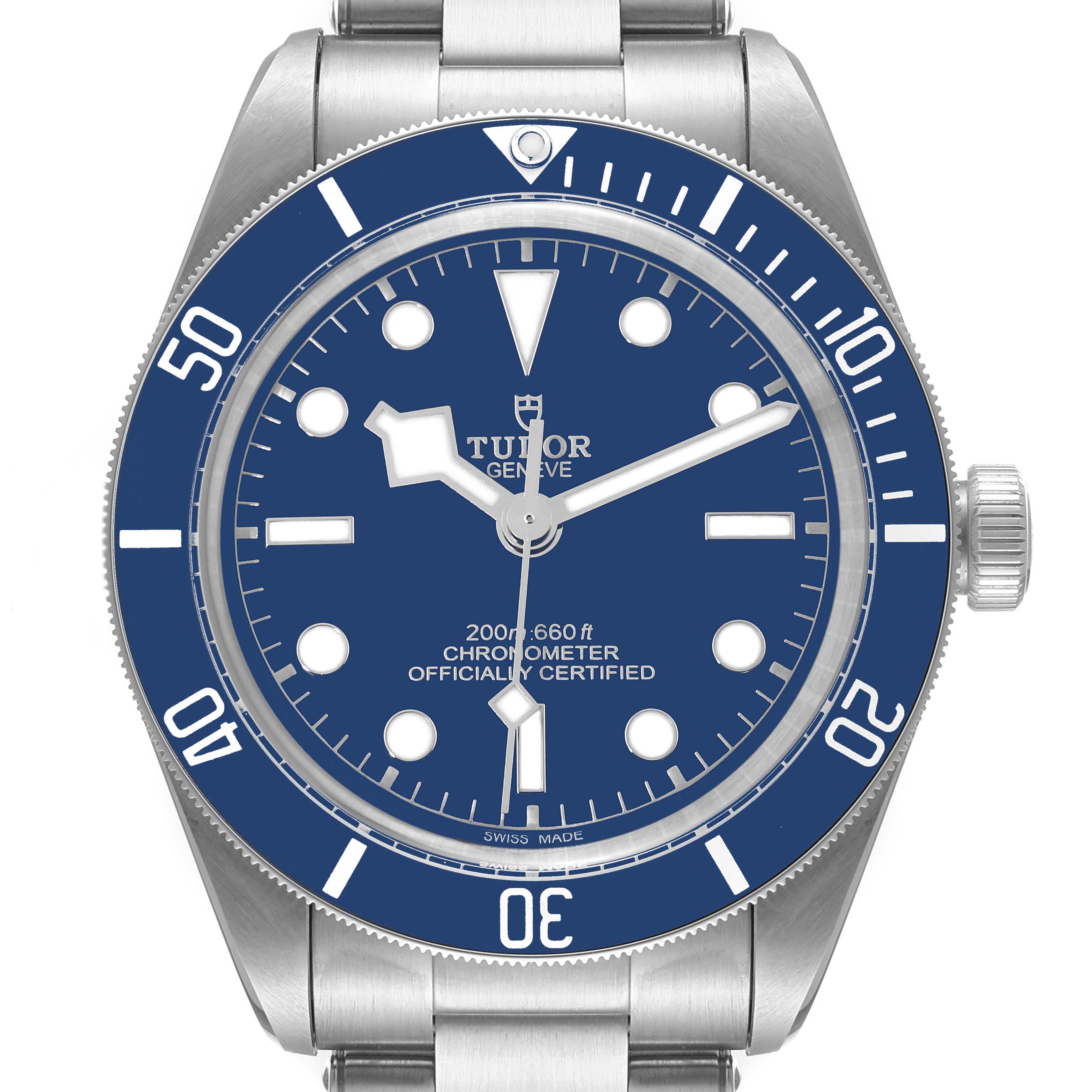 The image shows a front view of the Tudor Heritage Black Bay 79030B Men's Stainless Steel Blue Dial 79030B Men's Stainless Steel Blue Dial watch, highlighting its blue dial, bezel, and stainless steel bracelet.