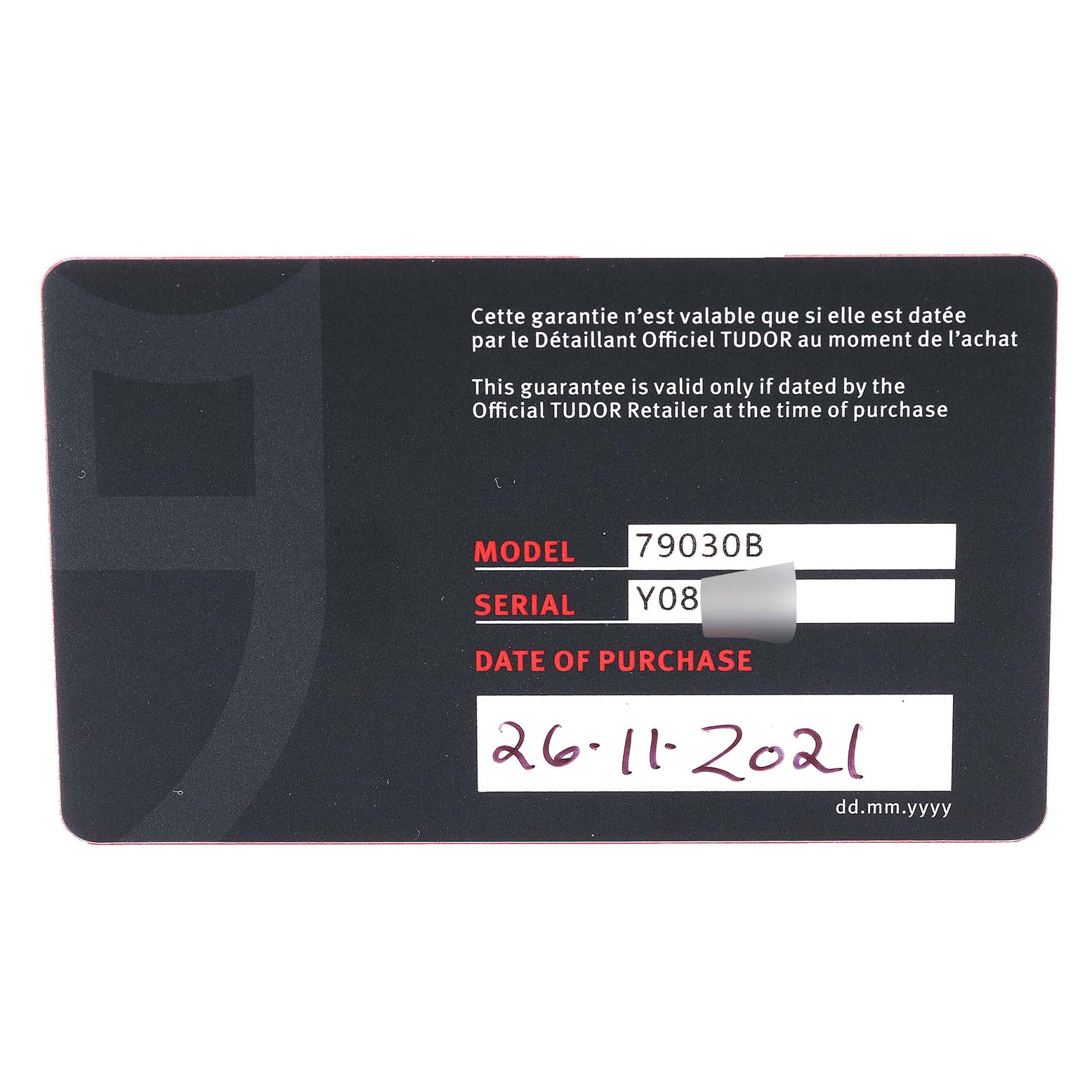 This image shows the warranty card for the Tudor Heritage Black Bay 79030B Men's Stainless Steel Blue Dial 79030B Men's Stainless Steel Blue Dial model 79030B with the date of purchase listed as 26-11-2021.