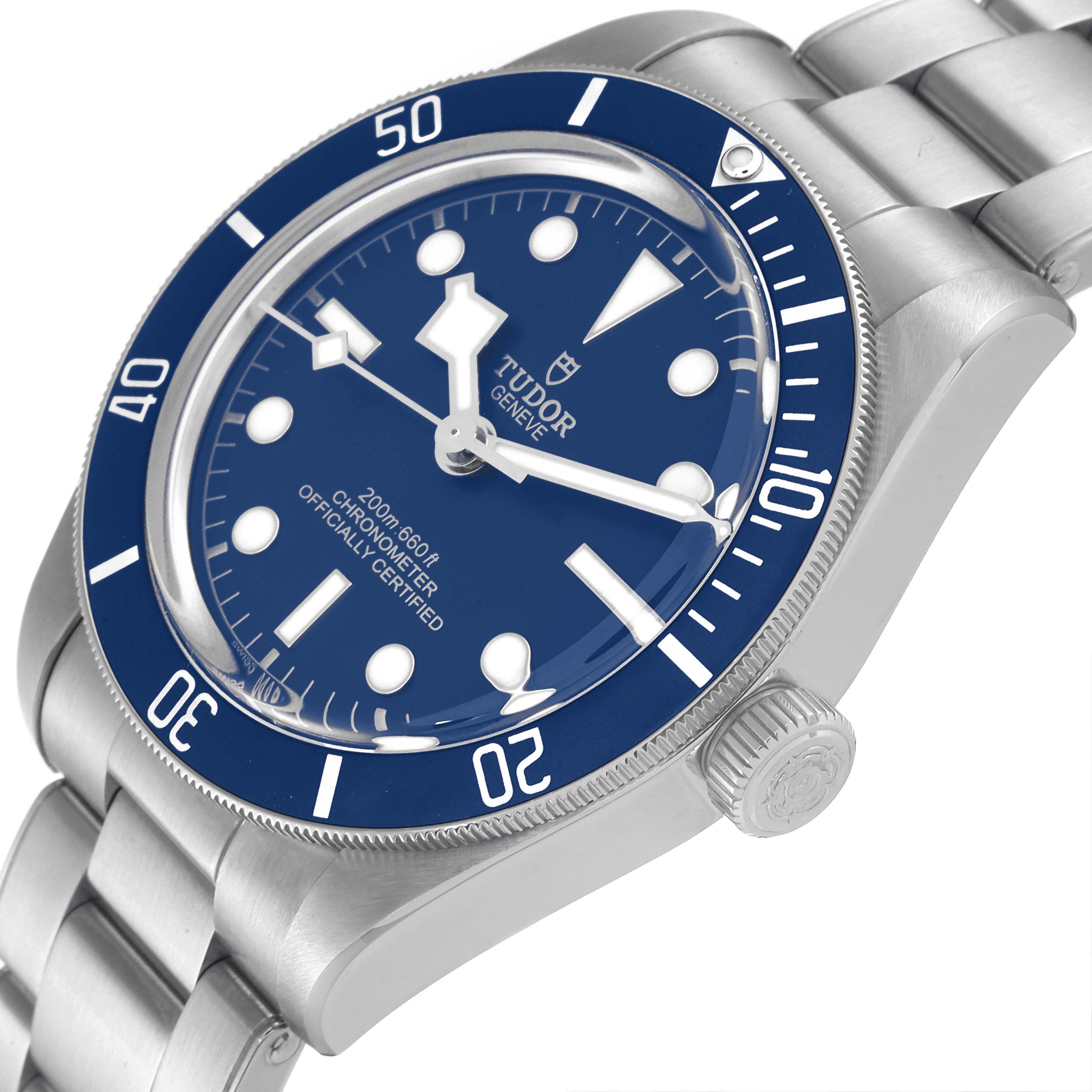 The image shows a close-up angled view of Tudor Heritage Black Bay 79030B Men's Stainless Steel Blue Dial 79030B Men's Stainless Steel Blue Dial watch, focusing on the dial, bezel, and part of the bracelet.