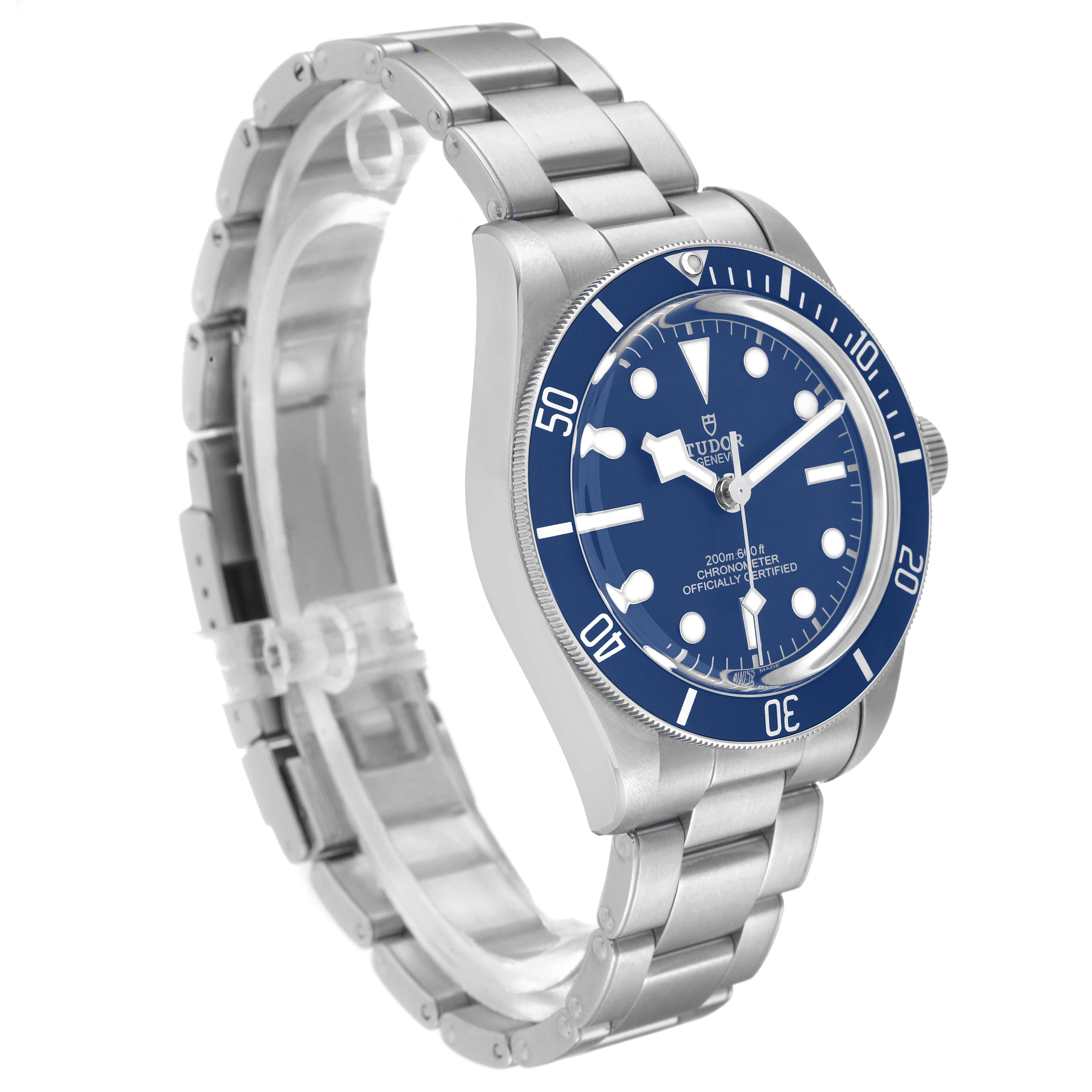 The image shows a Tudor Heritage Black Bay 79030B Men's Stainless Steel Blue Dial 79030B Men's Stainless Steel Blue Dial watch at a three-quarter angle, highlighting its blue dial and stainless steel bracelet.